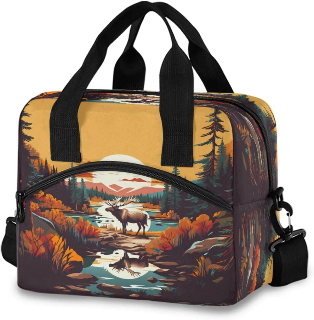 Deer Forest Landscape Lunch Box for Men Women Adults Insulated Lunch Bag Cooler Bag with Adjustable Shoulder Strap for Work Picnic Travel