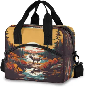 Deer Forest Landscape Lunch Box for Men Women Adults Insulated Lunch Bag Cooler Bag with Adjustable Shoulder Strap for Work Picnic Travel