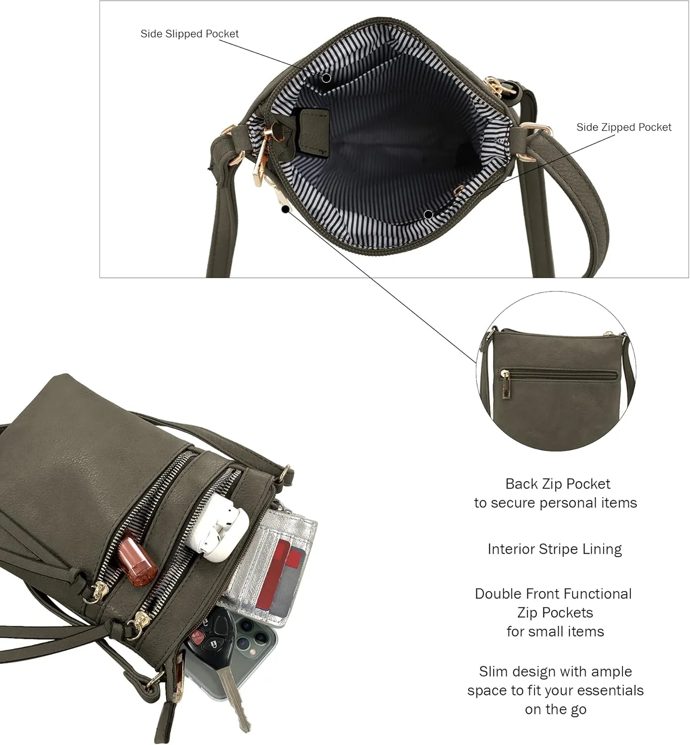 DELUXITY | Crossbody Purse Bag | Functional Multi Pocket Double Zipper Purse | Adjustable Strap | Medium Size Purse |DGN