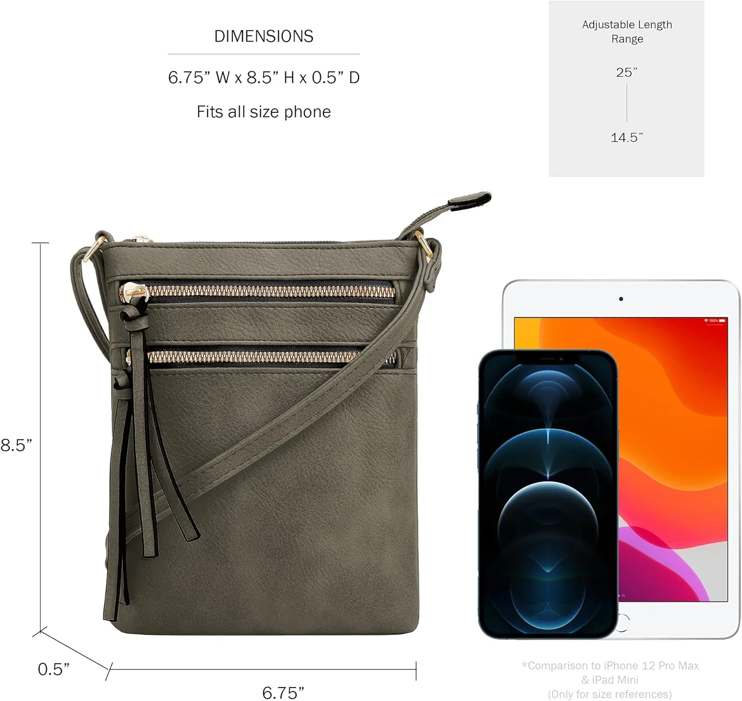 DELUXITY | Crossbody Purse Bag | Functional Multi Pocket Double Zipper Purse | Adjustable Strap | Medium Size Purse |DGN