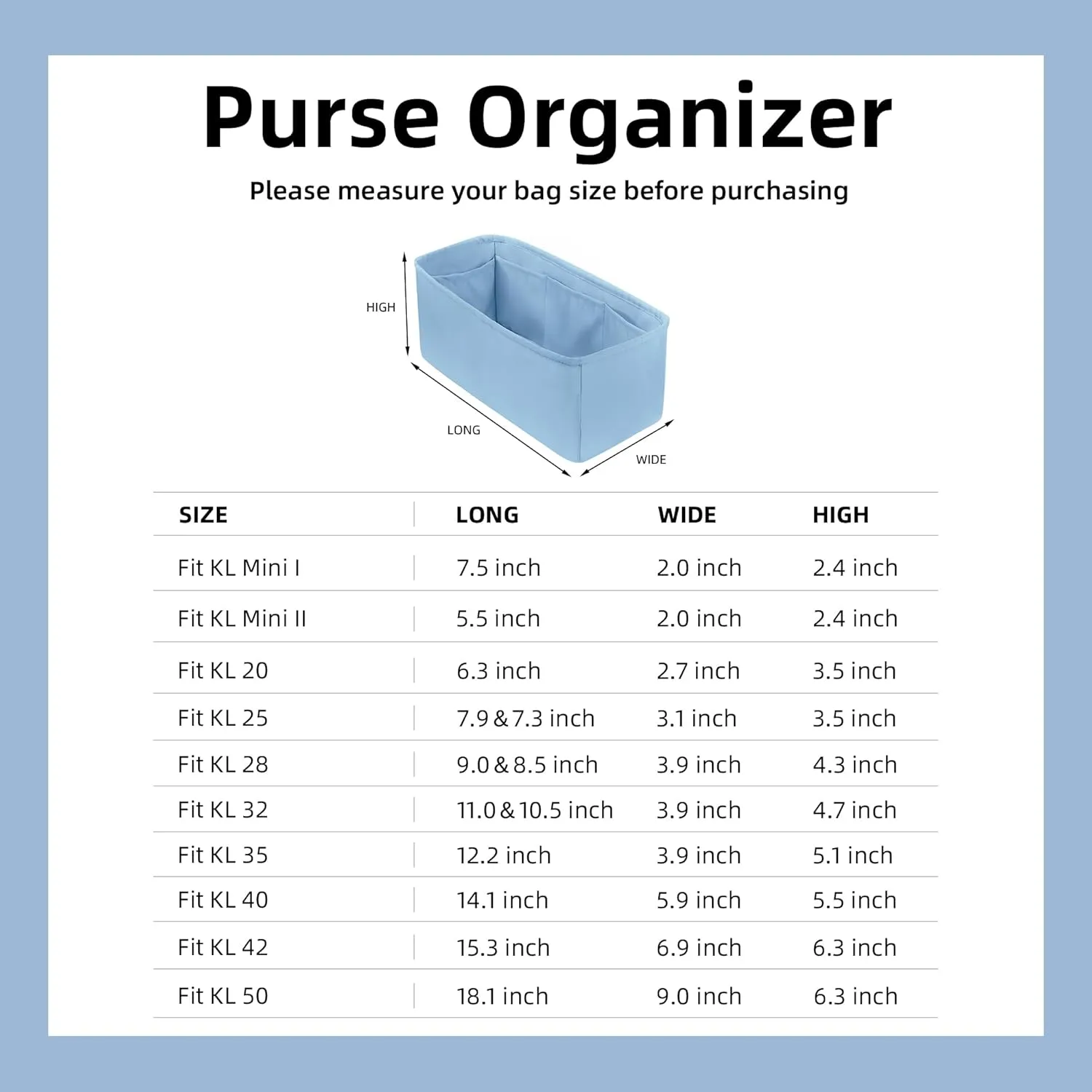 DGAZ Bag Organizer Insert For Kelly pochette/mini II /20/25/28/32/35/40/42/45 Bags, Silk Purse Organizers(Azure,miniKelly2)