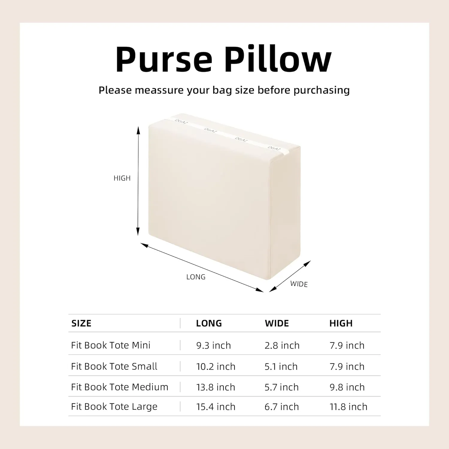 DGAZ Purse Pillow Insert for Dior Book Tote bags, Memory Foam, Silky Pillow Shaper for Luxury Handbags(Craie,Large)
