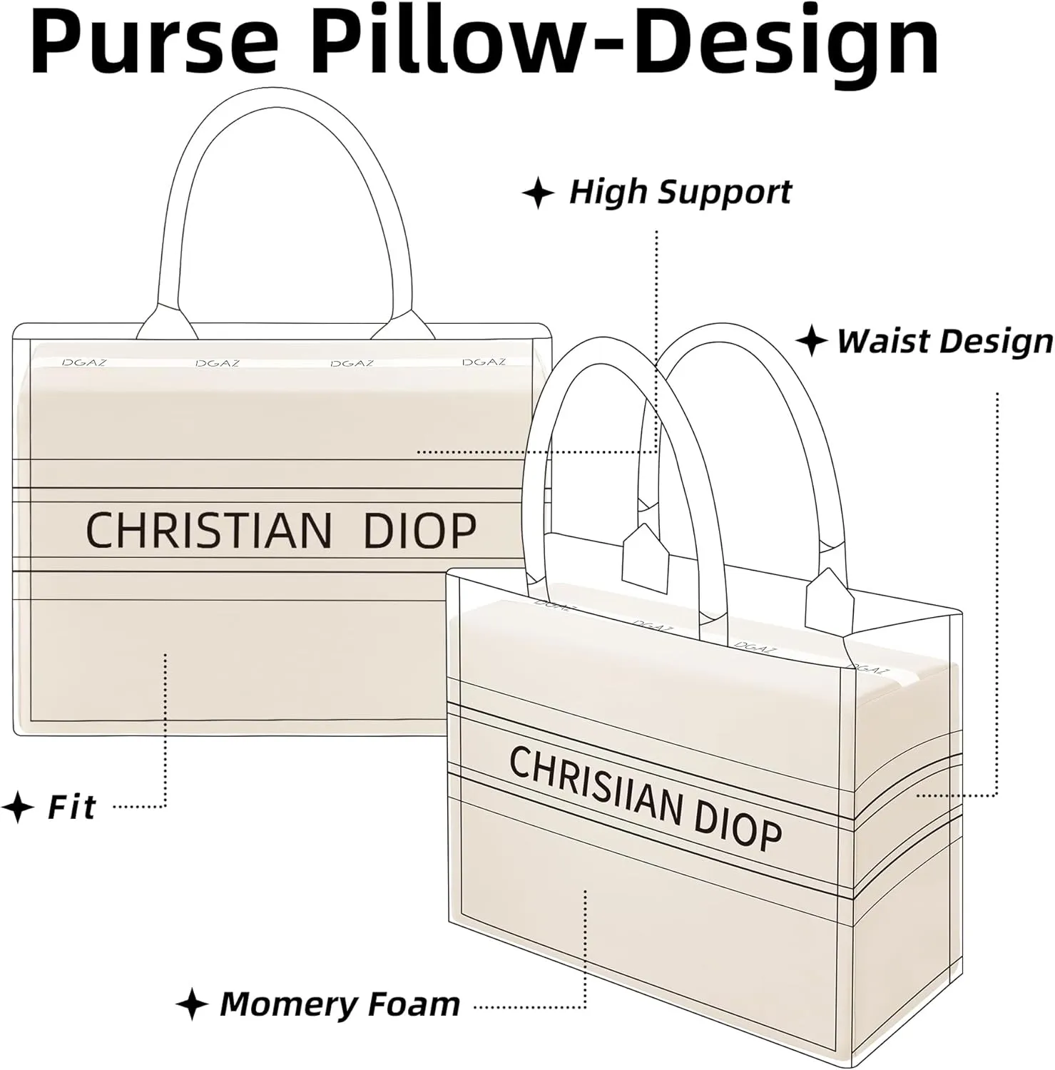 DGAZ Purse Pillow Insert for Dior Book Tote bags, Memory Foam, Silky Pillow Shaper for Luxury Handbags(Craie,Large)