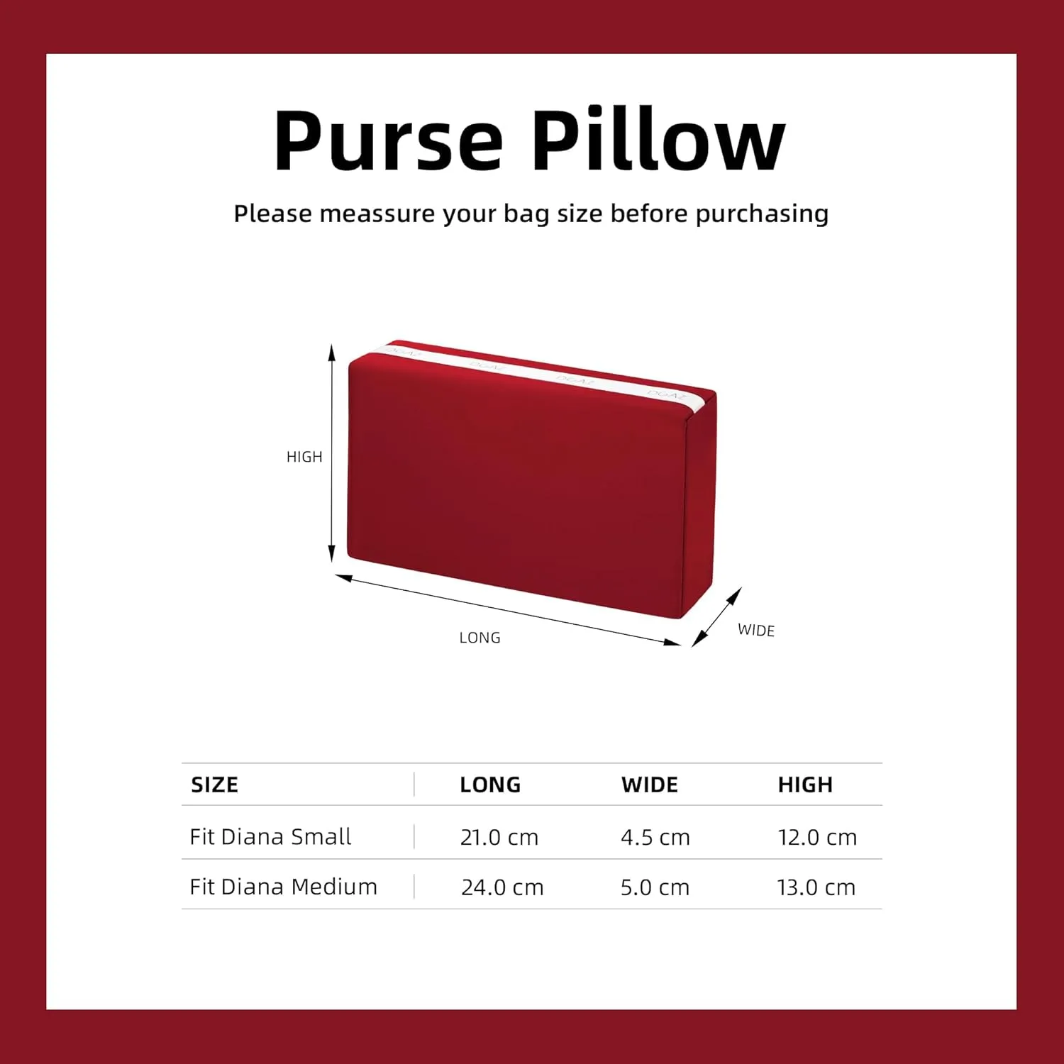DGAZ Purse Pillow Shaper Insert for Chanel Diana Bag, Silky Pillow Shaper for Luxury Handbags(Rouge Grenat,Medium)