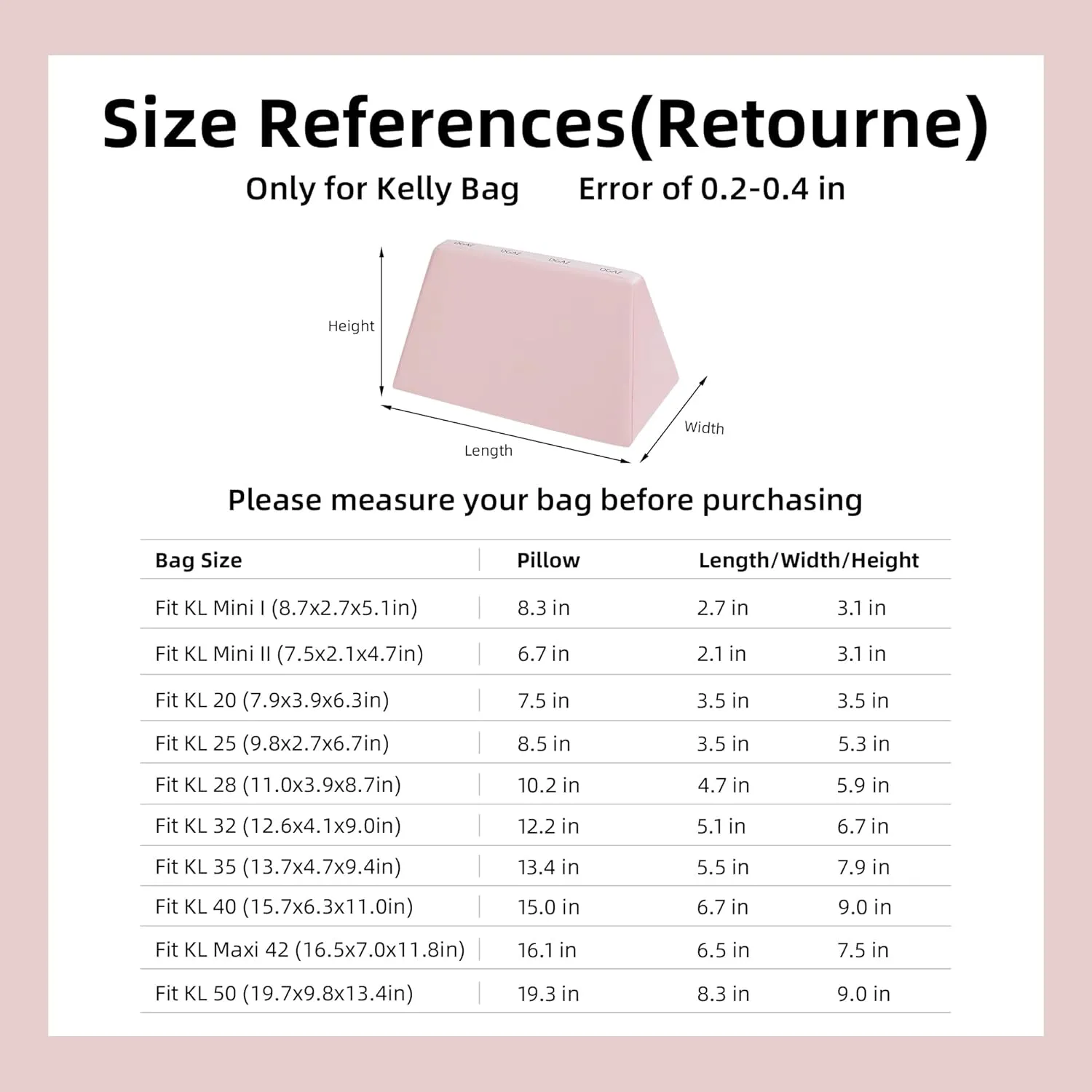 DGAZ Purse Pillow Shaper Insert for Hermes Kelly Bags, Silky Pillow Shaper for Luxury Handbags(Pink,KL25 Retourne)
