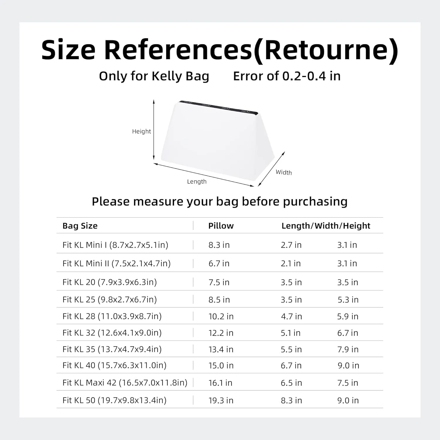 DGAZ Purse Pillow Shaper Insert for Hermes Kelly Bags, Silky Pillow Shaper for Luxury Handbags(White,KLmini2)