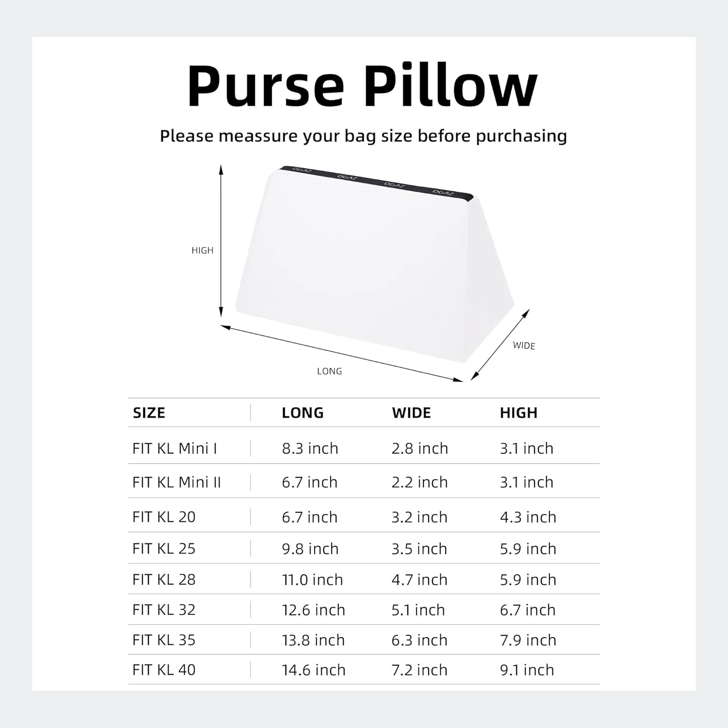 DGAZ Purse Pillow Shaper Insert for Luxury Handbags, Silky Pillow Shaper for Kelly 25/28/32/35 Bags(White,KL35)