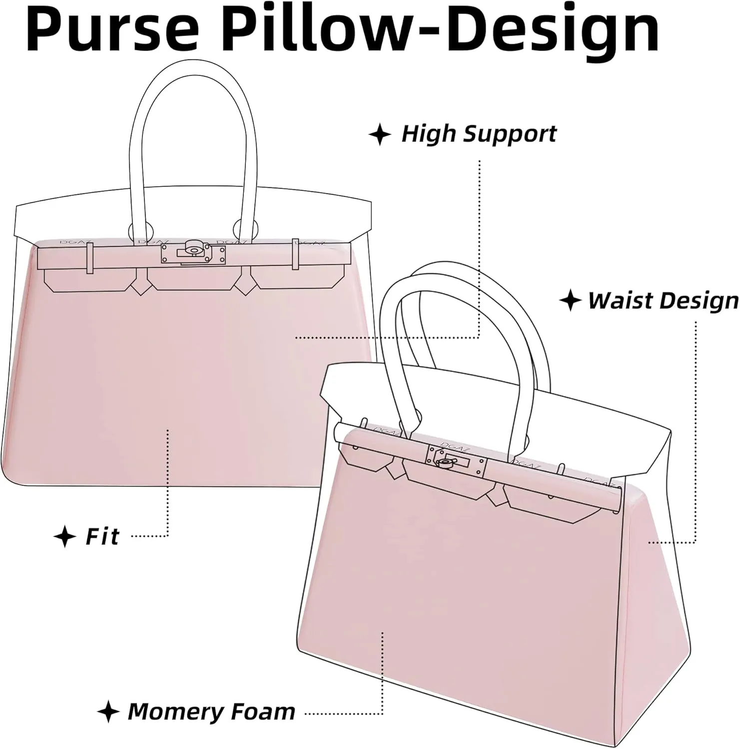 DGAZ Purse Pillow Shaper Insert,Luxury Handbag Tote Shapers, Memory Foam- Fits Birkin 25/30/35/40 Bag (Pink, BK30 Retourne)