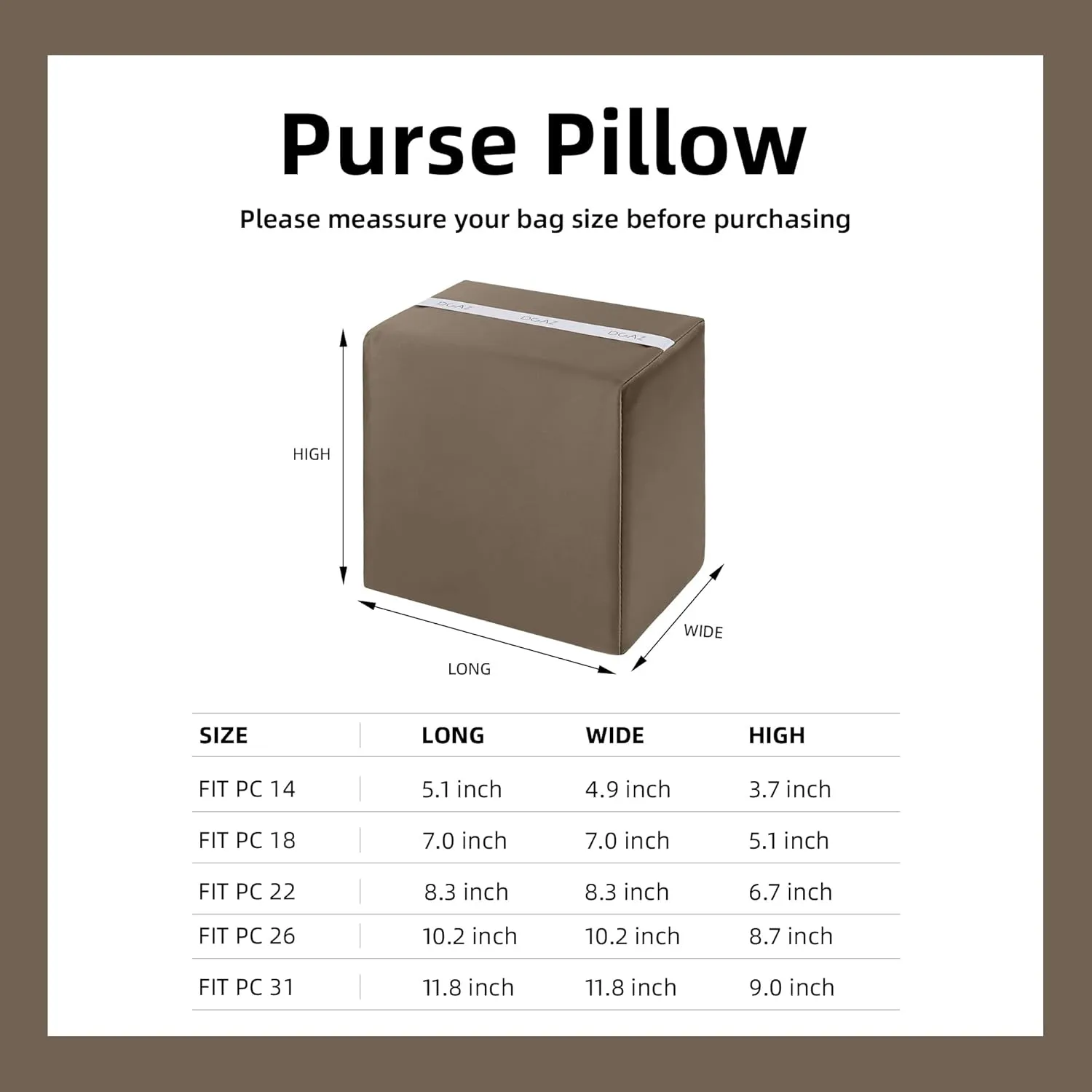 DGAZ Purse Pillow Shaper Insert,Luxury Handbag Tote Shapers, Memory Foam- Fits picotin14/18/22/26/31Bags(Etoupe Grey,PC22)