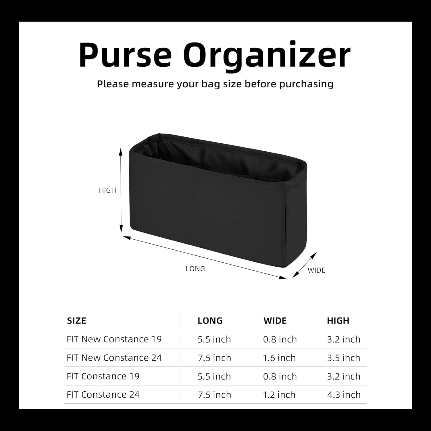 DGAZ Silk Purse Organizer Insert Fits Constance 19/24/New24 ，Silky Smooth Bag Organizer，Luxury Handbag & Tote Shaper（Black，newC24）