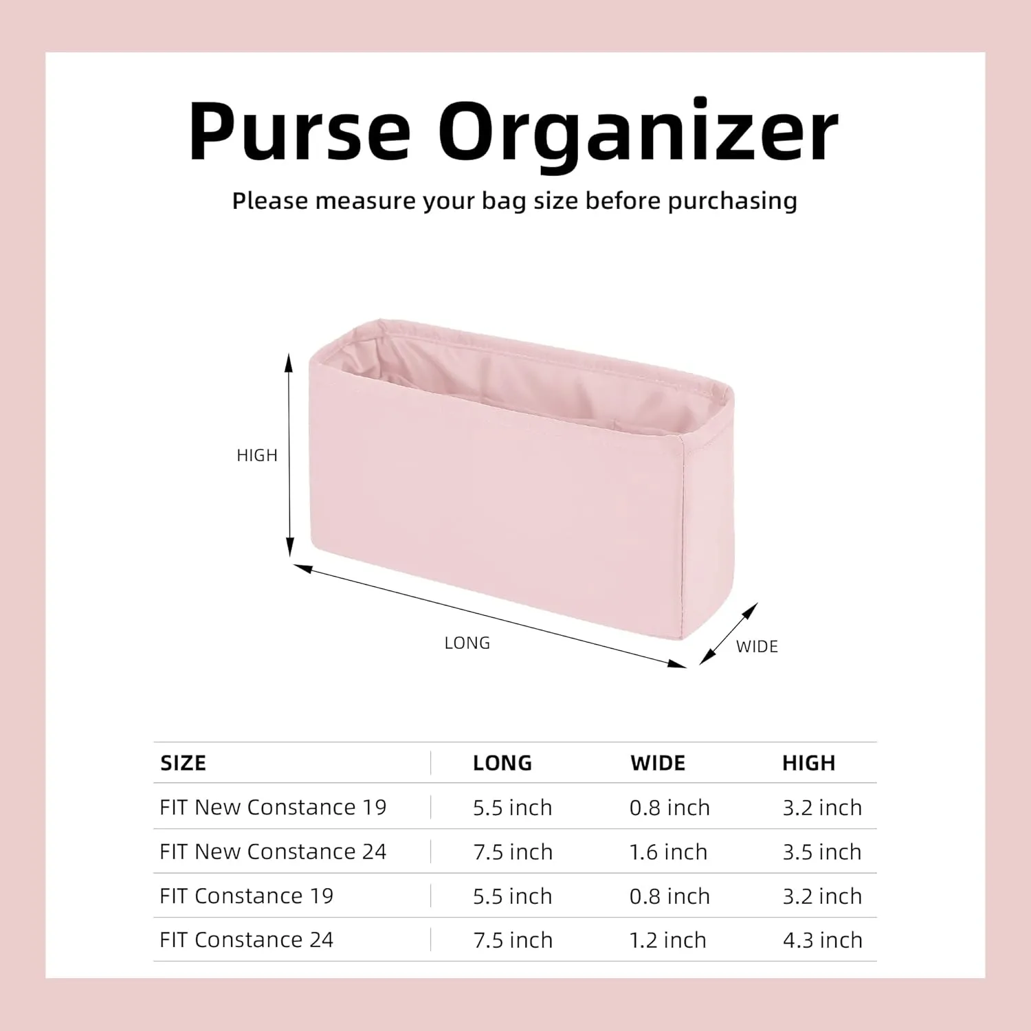 DGAZ Silk Purse Organizer Insert Fits Constance 19/24/New24 ，Silky Smooth Bag Organizer，Luxury Handbag & Tote Shaper（Pink，newC24）