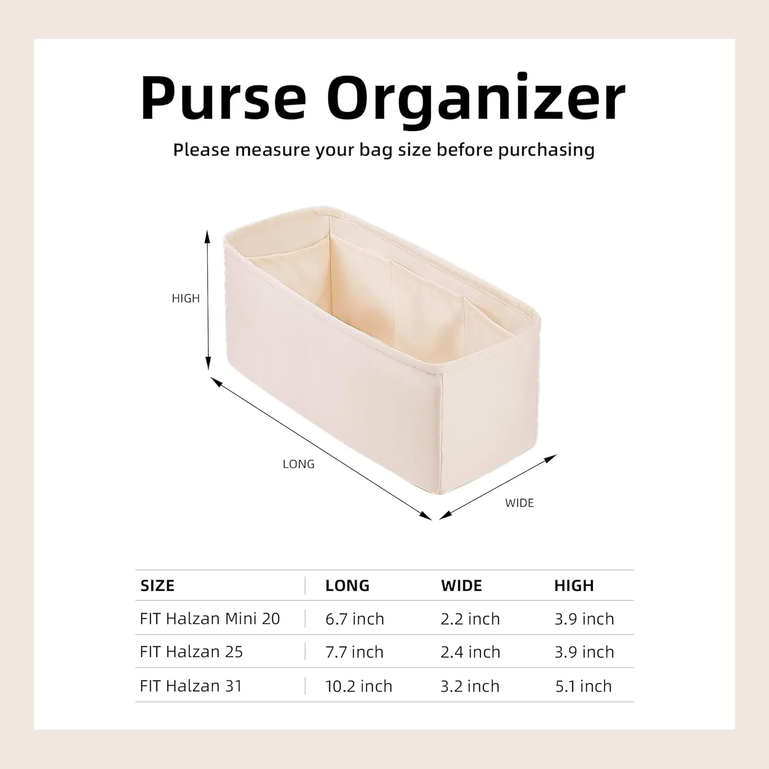 DGAZ Silk Purse Organizer Insert Fits Halzan mini20/25/31,Silky Smooth Bag Organizer，Luxury Handbag & Tote Shaper(Craie，Halzan31)