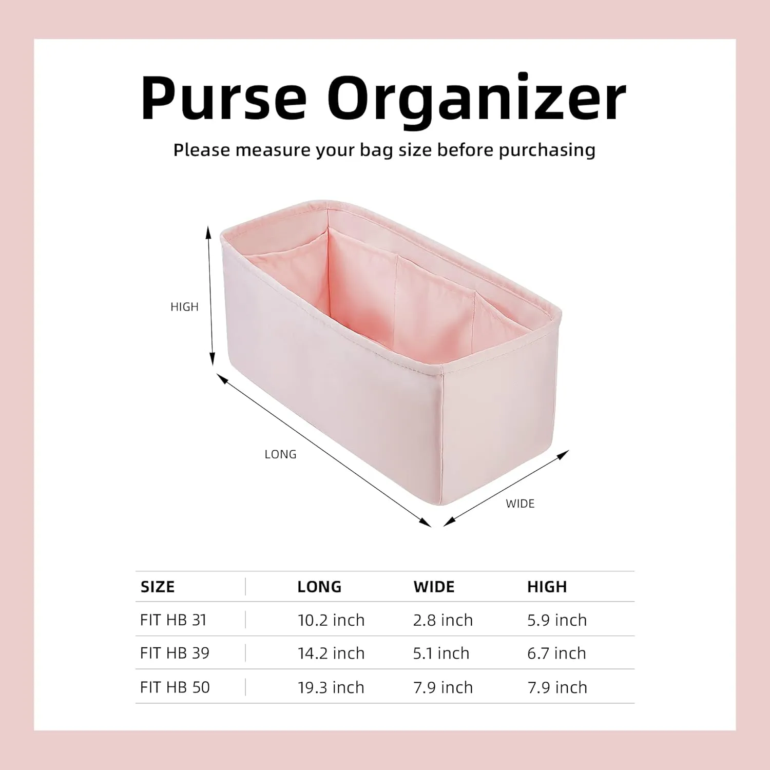 DGAZ Silk Purse Organizer Insert Fits Hermes Herbag 31/39/50 Bags, Luxury Handbag & Tote Organiser, Simplicity bag insert（Pink,H31）