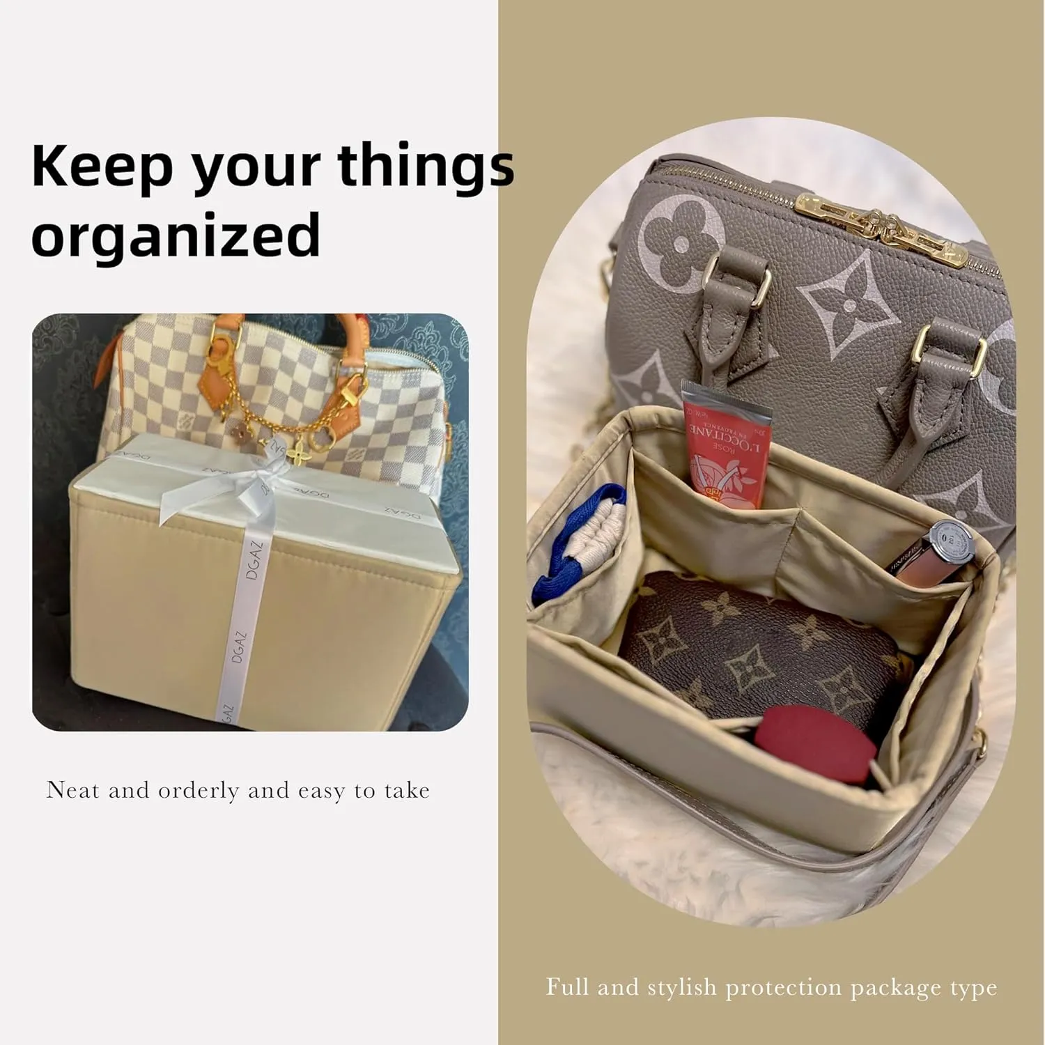 DGAZ Silk Purse Organizer Insert Fits LV Speedy 16/20/25/30/35/40/45 bags，Silky Smooth Bag Organizer，Luxury Handbag & Tote Shaper(S2 trench,SP20)