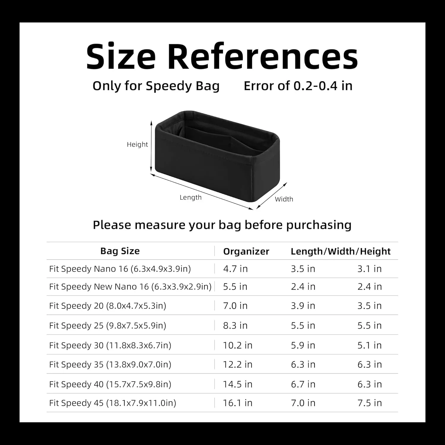 DGAZ Silk Purse Organizer Insert Fits LV Speedy 16/20/25/30/35/45 bags，Silky Smooth Bag Organizer，Luxury Handbag & Tote Shaper（Black，New nano 16）