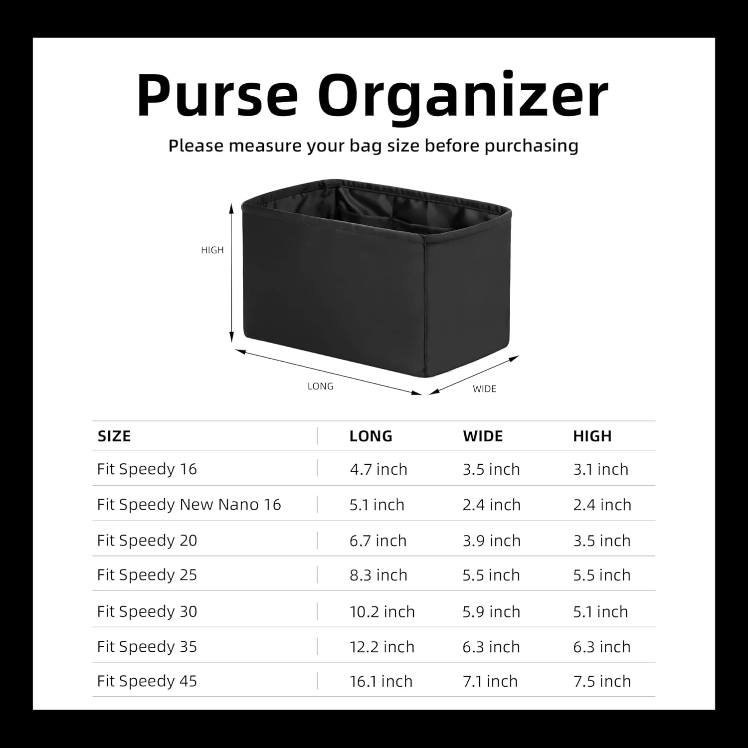 DGAZ Silk Purse Organizer Insert Fits LV Speedy 16/20/25/30/35/45 bags，Silky Smooth Bag Organizer，Luxury Handbag & Tote Shaper（Black，SP16）