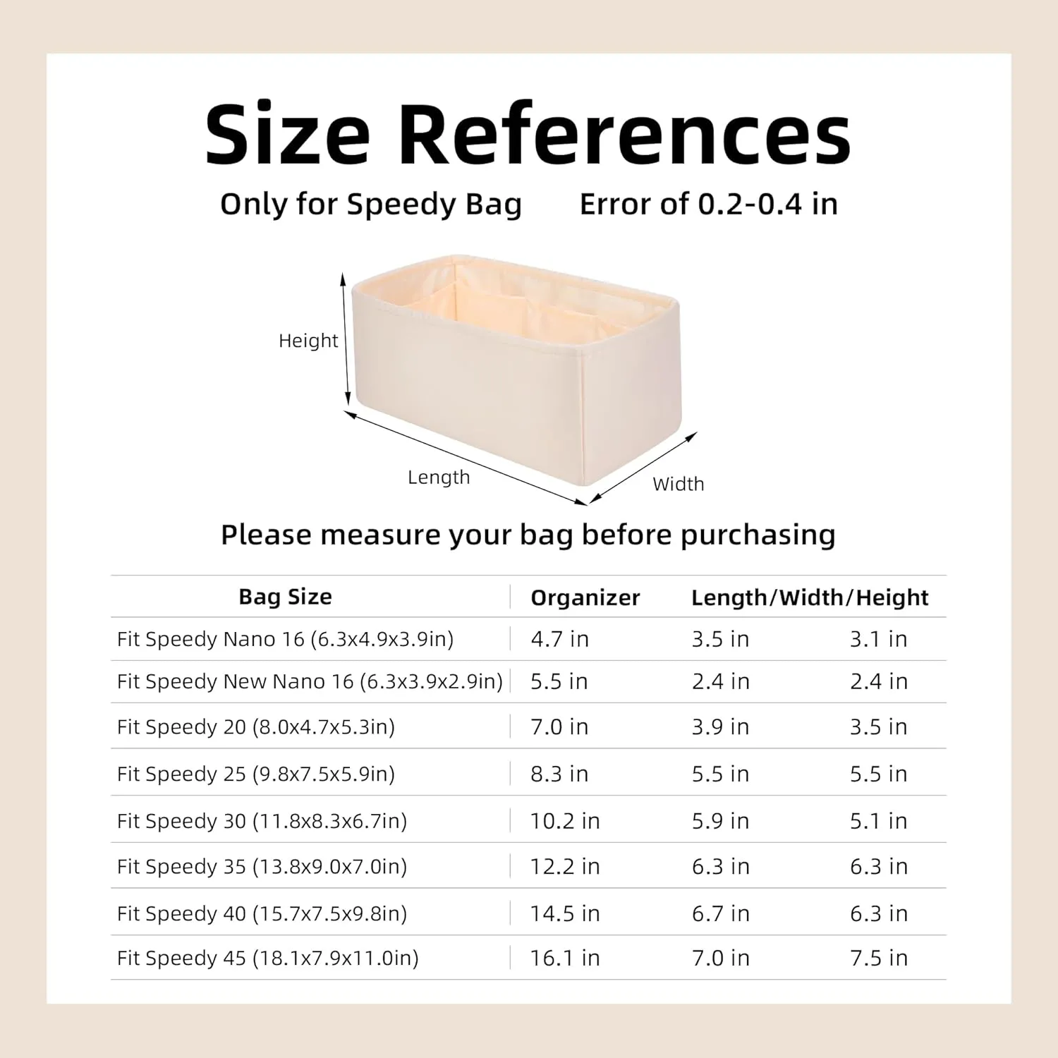 DGAZ Silk Purse Organizer Insert Fits LV Speedy 16/20/25/30/35/45 bags，Silky Smooth Bag Organizer，Luxury Handbag & Tote Shaper（Craie，SP30）