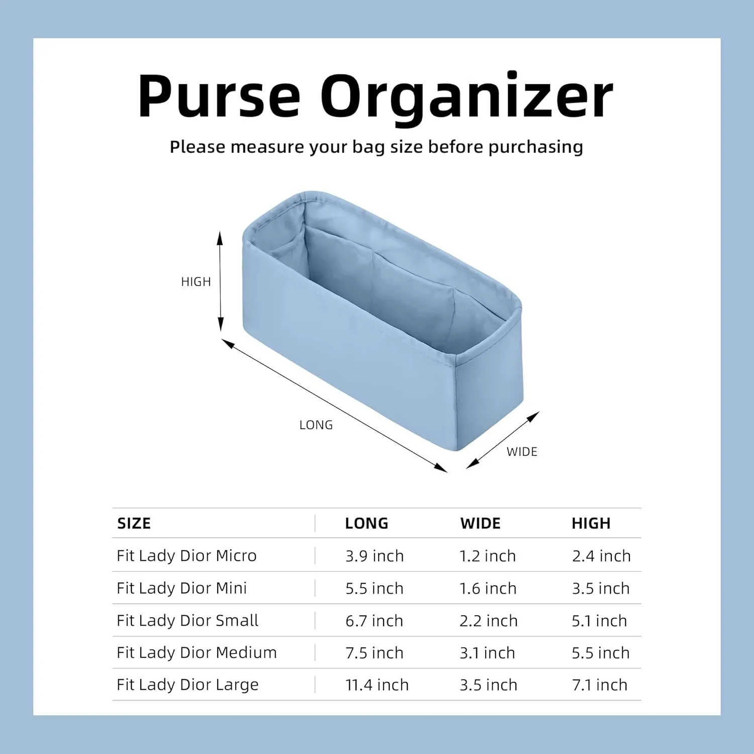 DGAZ Silk Purse Organizer Insert For Lady-Dior Micro/Mini/S/M/L bags，Silky Smooth Bag Organizer，Luxury Handbag & Tote Shaper(Azure,M)