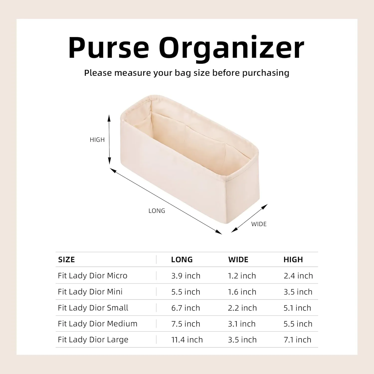 DGAZ Silk Purse Organizer Insert For Lady-Dior Micro/Mini/S/M/L bags，Silky Smooth Bag Organizer，Luxury Handbag & Tote Shaper（Craie，M）