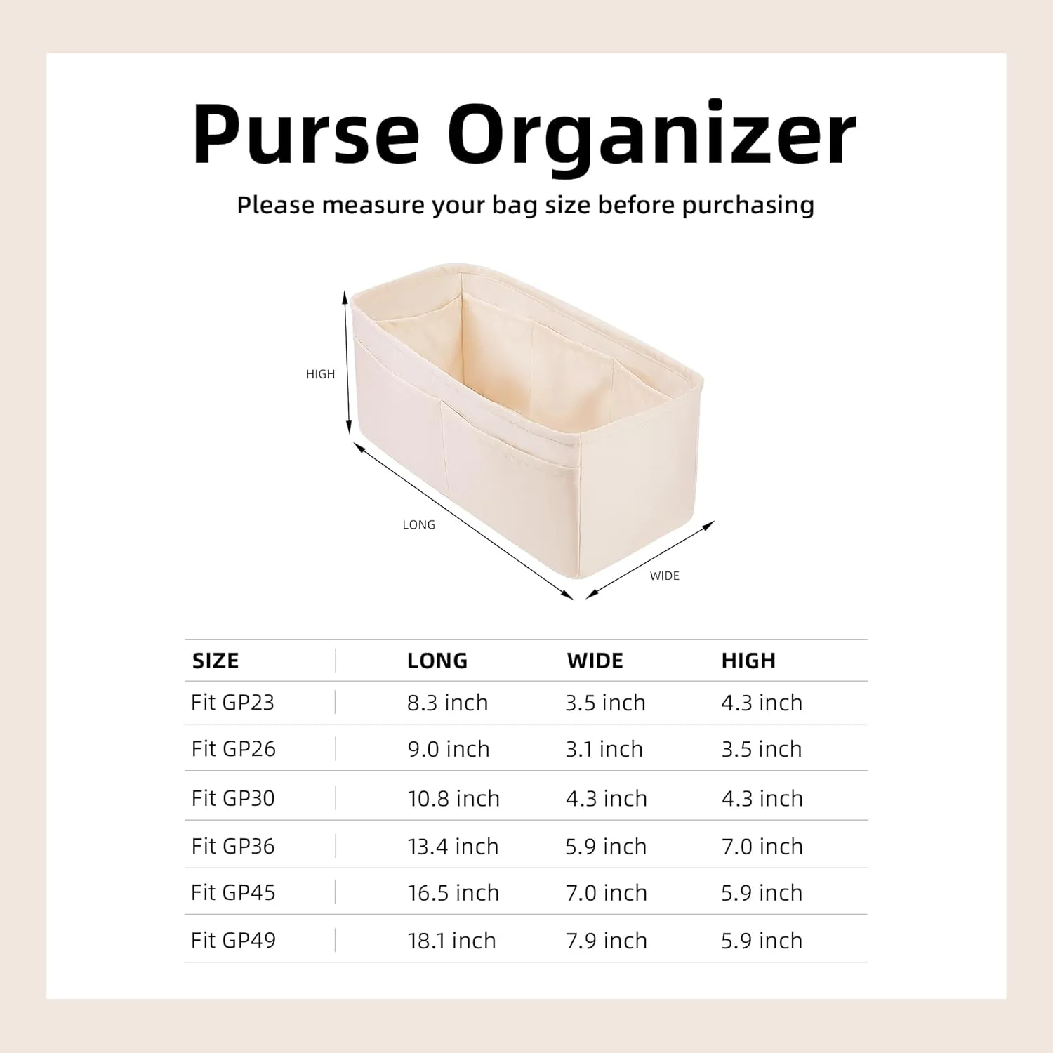 DGAZ Silky Purse Organizer Insert Fits Garden Party 23/26/30/36/45/49 Bags, Luxury Handbag & Tote Organizer, Simplicity bag organizer(Craie,GP23)