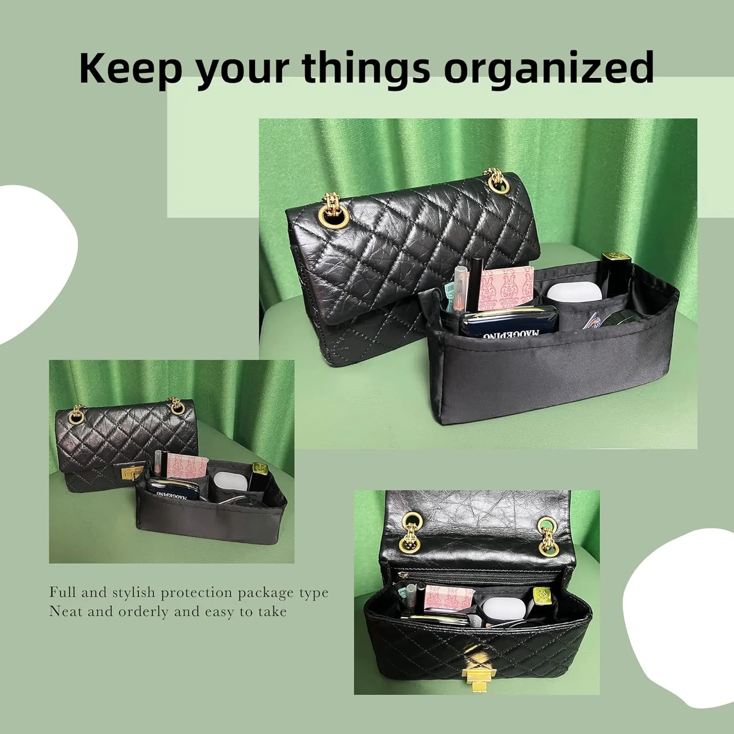 DGAZ Silky Purse Organizer Insert for Chanel 2.55 Bags, Luxury Handbag & Tote Organizer, Simplicity bag organizer (Black,2.55 Jumbo 28)