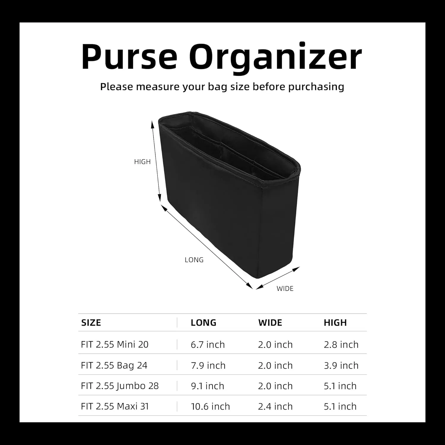 DGAZ Silky Purse Organizer Insert for Chanel 2.55 Bags, Luxury Handbag & Tote Organizer, Simplicity bag organizer (Black,2.55 Jumbo 28)