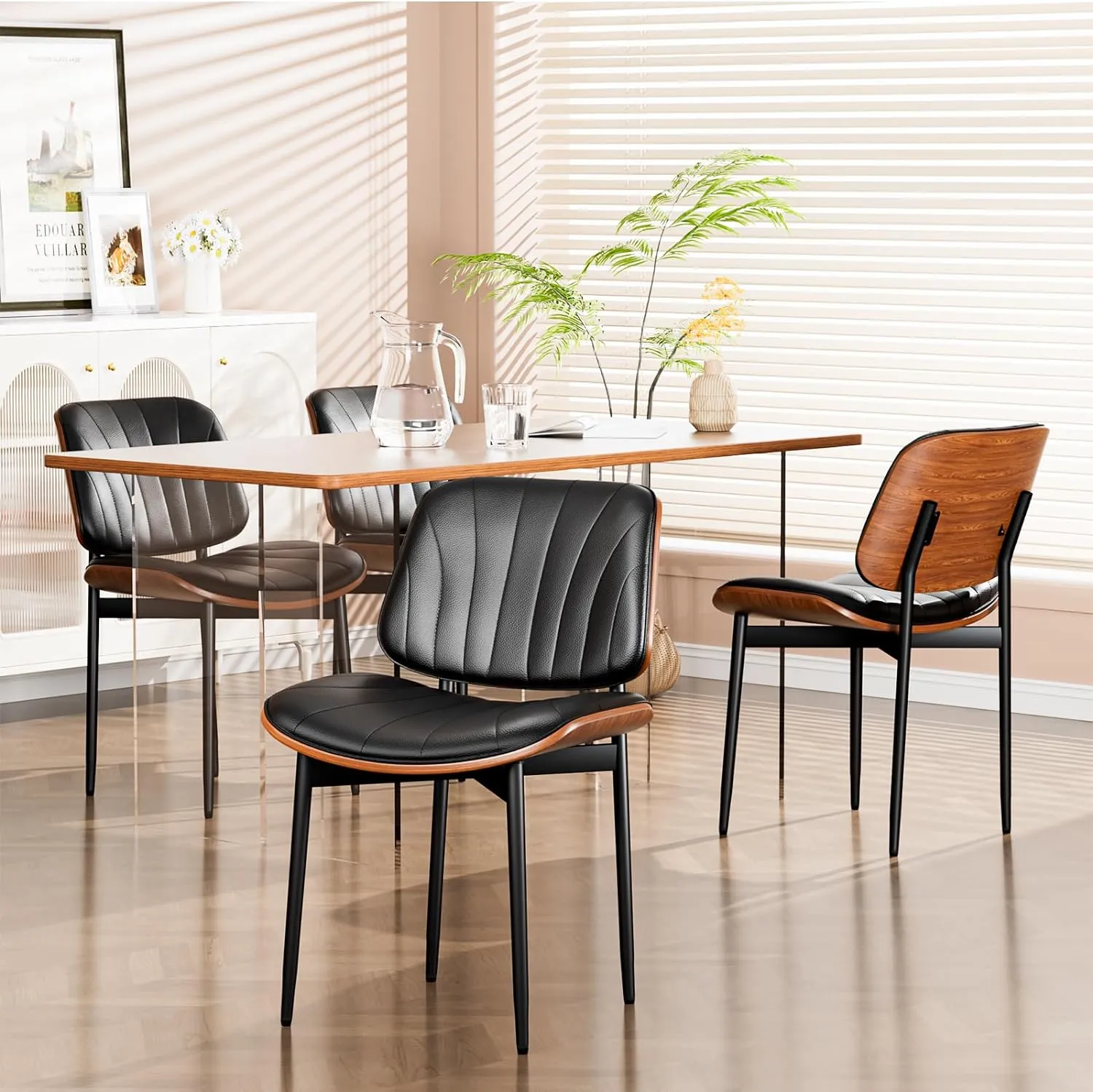 Dining Chairs Set of 2, Dining Room and Kitchen Chairs, FSC Certified Mid Century Modern Accent Chair, Upholstered PU Leather Chairs for Vanity with Walnut Bentwood and Metal Legs, Black