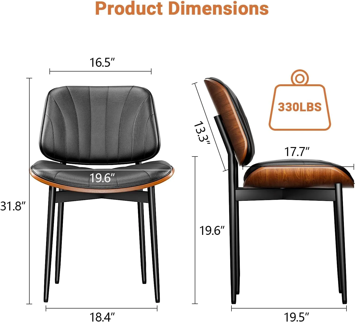Dining Chairs Set of 2, Dining Room and Kitchen Chairs, FSC Certified Mid Century Modern Accent Chair, Upholstered PU Leather Chairs for Vanity with Walnut Bentwood and Metal Legs, Black