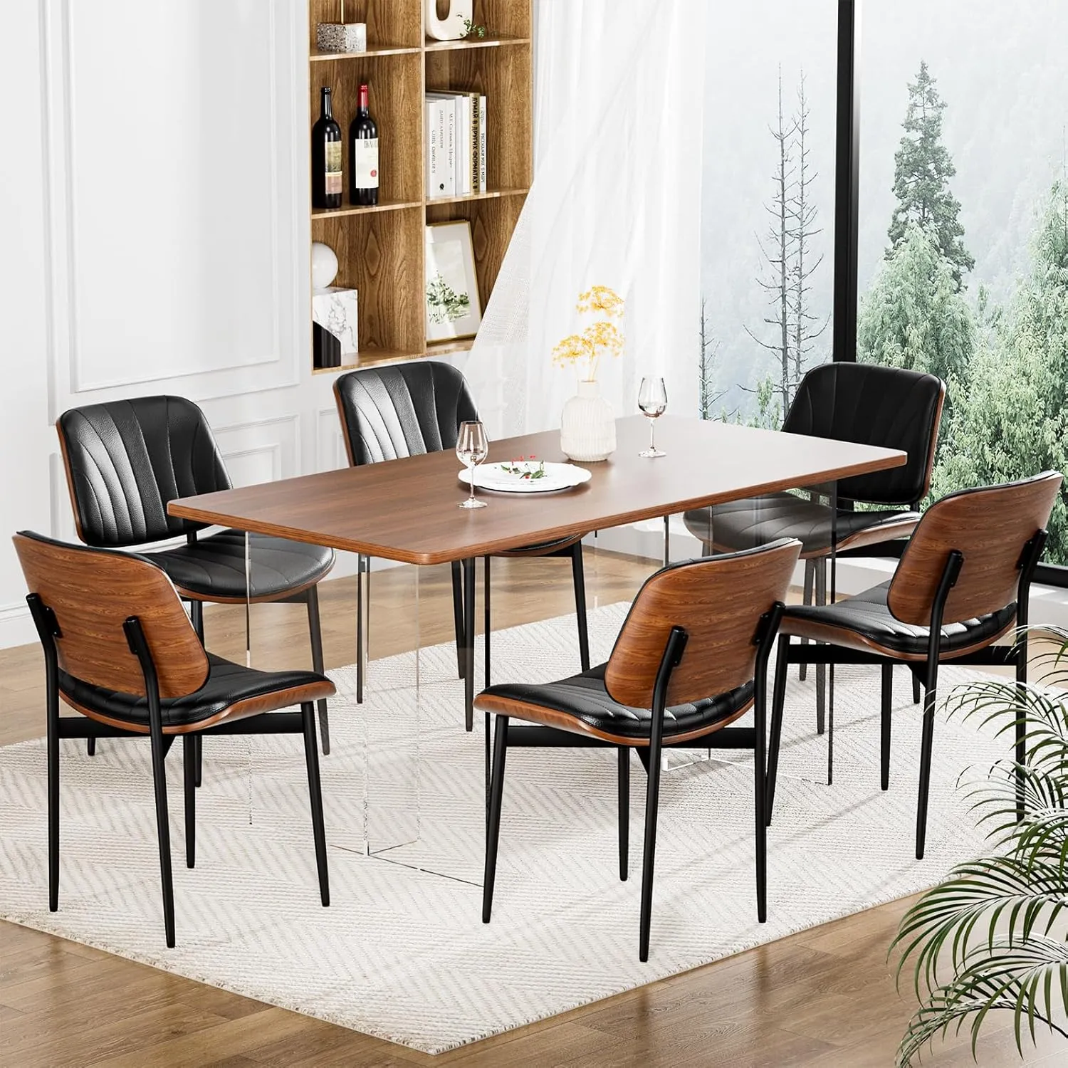 Dining Chairs Set of 2, Dining Room and Kitchen Chairs, FSC Certified Mid Century Modern Accent Chair, Upholstered PU Leather Chairs for Vanity with Walnut Bentwood and Metal Legs, Black