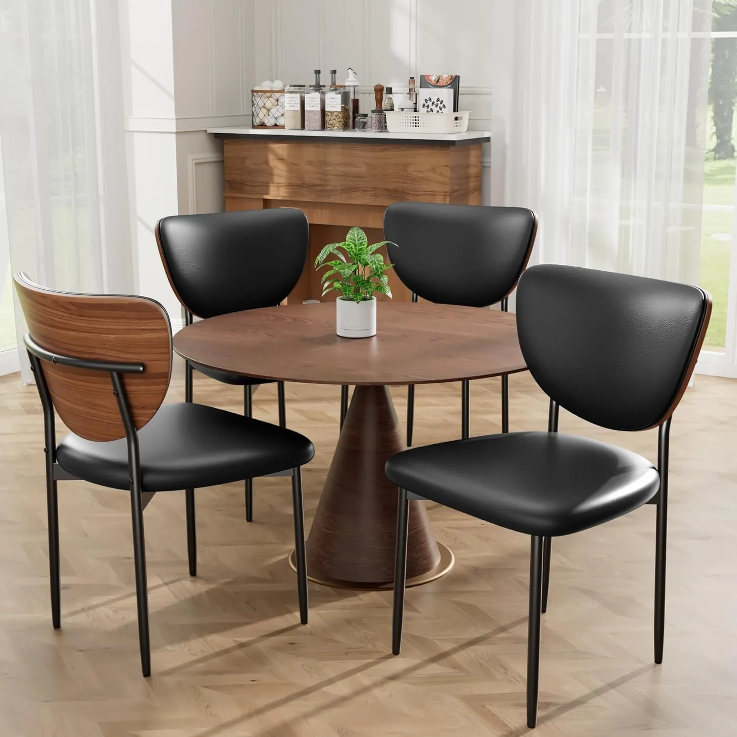 Dining Chairs Set of 2, Dining Room and Kitchen Chairs, Mid Century Modern Upholstered PU Leather Accent Chairs with Walnut Bentwood and Enlarged Cushion, Black