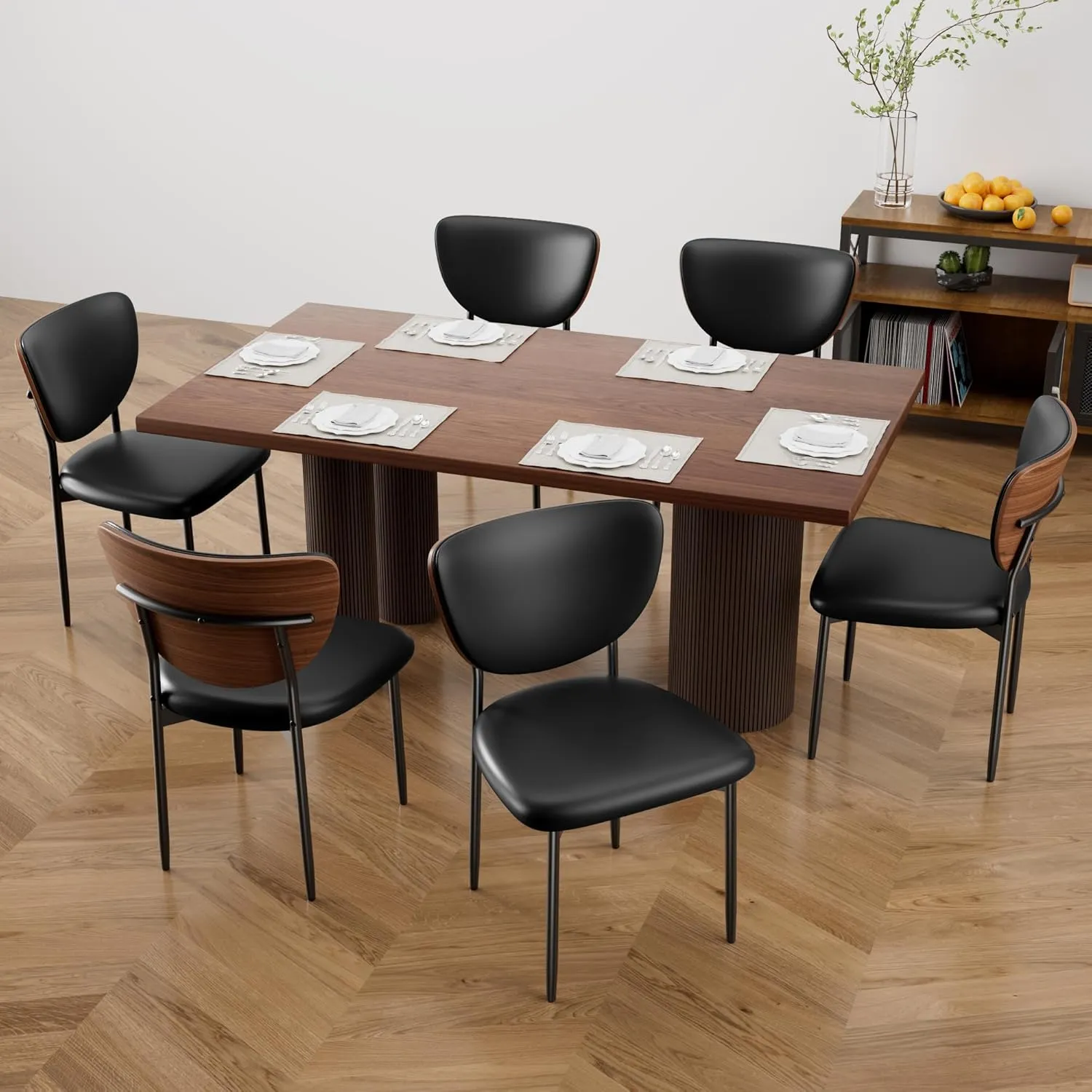 Dining Chairs Set of 2, Dining Room and Kitchen Chairs, Mid Century Modern Upholstered PU Leather Accent Chairs with Walnut Bentwood and Enlarged Cushion, Black