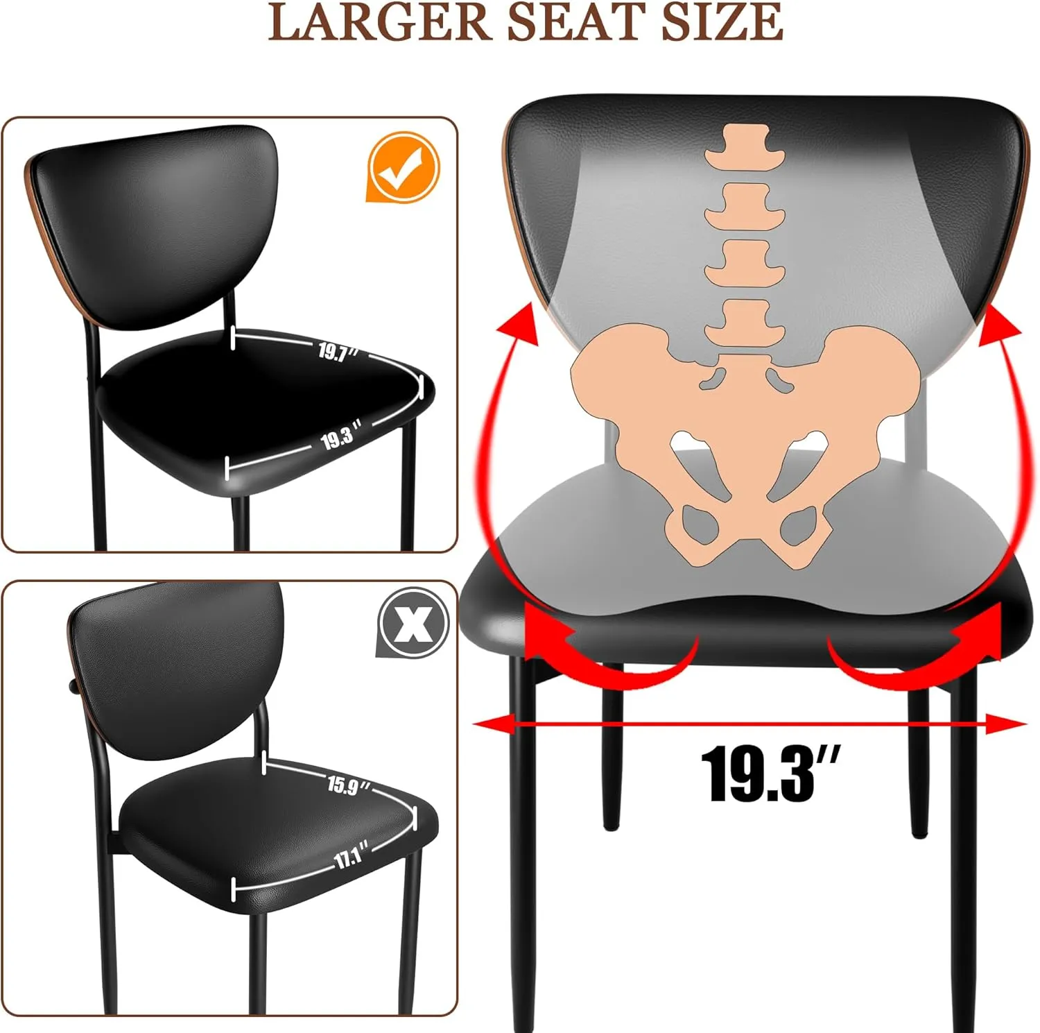 Dining Chairs Set of 2, Dining Room and Kitchen Chairs, Mid Century Modern Upholstered PU Leather Accent Chairs with Walnut Bentwood and Enlarged Cushion, Black