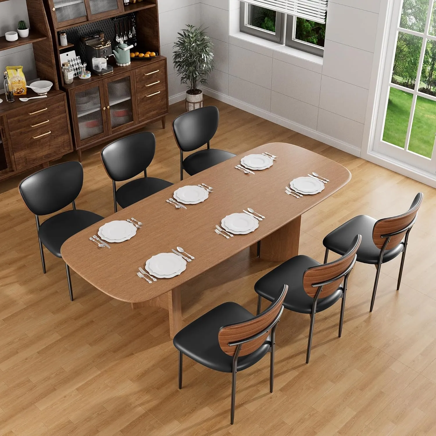 Dining Chairs Set of 2, Dining Room and Kitchen Chairs, Mid Century Modern Upholstered PU Leather Accent Chairs with Walnut Bentwood and Enlarged Cushion, Black