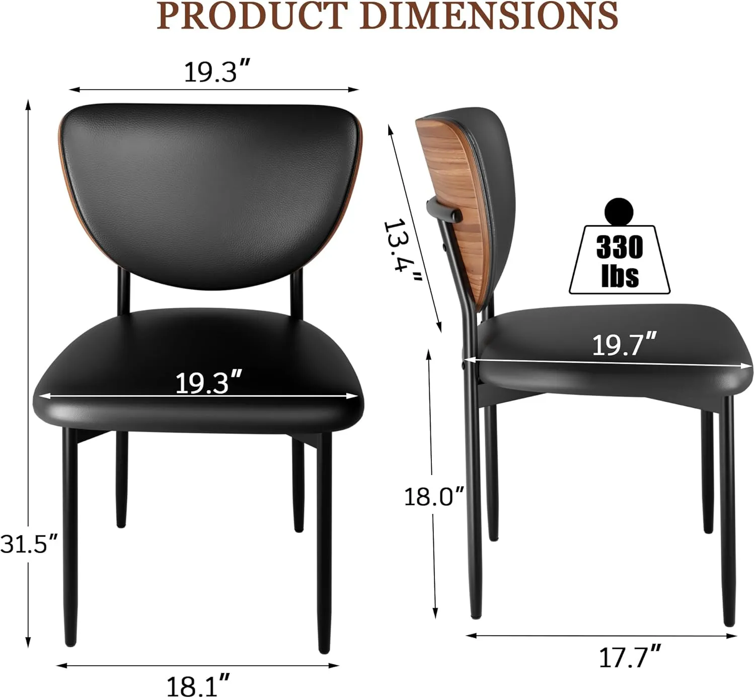 Dining Chairs Set of 2, Dining Room and Kitchen Chairs, Mid Century Modern Upholstered PU Leather Accent Chairs with Walnut Bentwood and Enlarged Cushion, Black