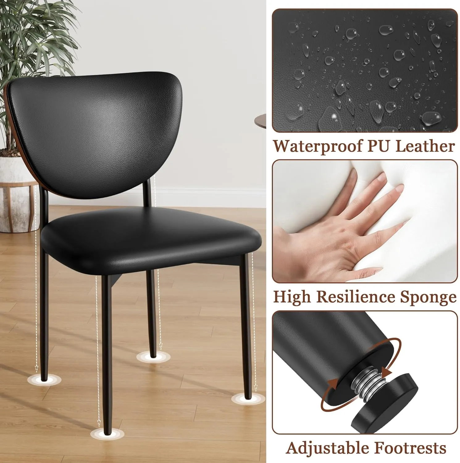 Dining Chairs Set of 2, Dining Room and Kitchen Chairs, Mid Century Modern Upholstered PU Leather Accent Chairs with Walnut Bentwood and Enlarged Cushion, Black