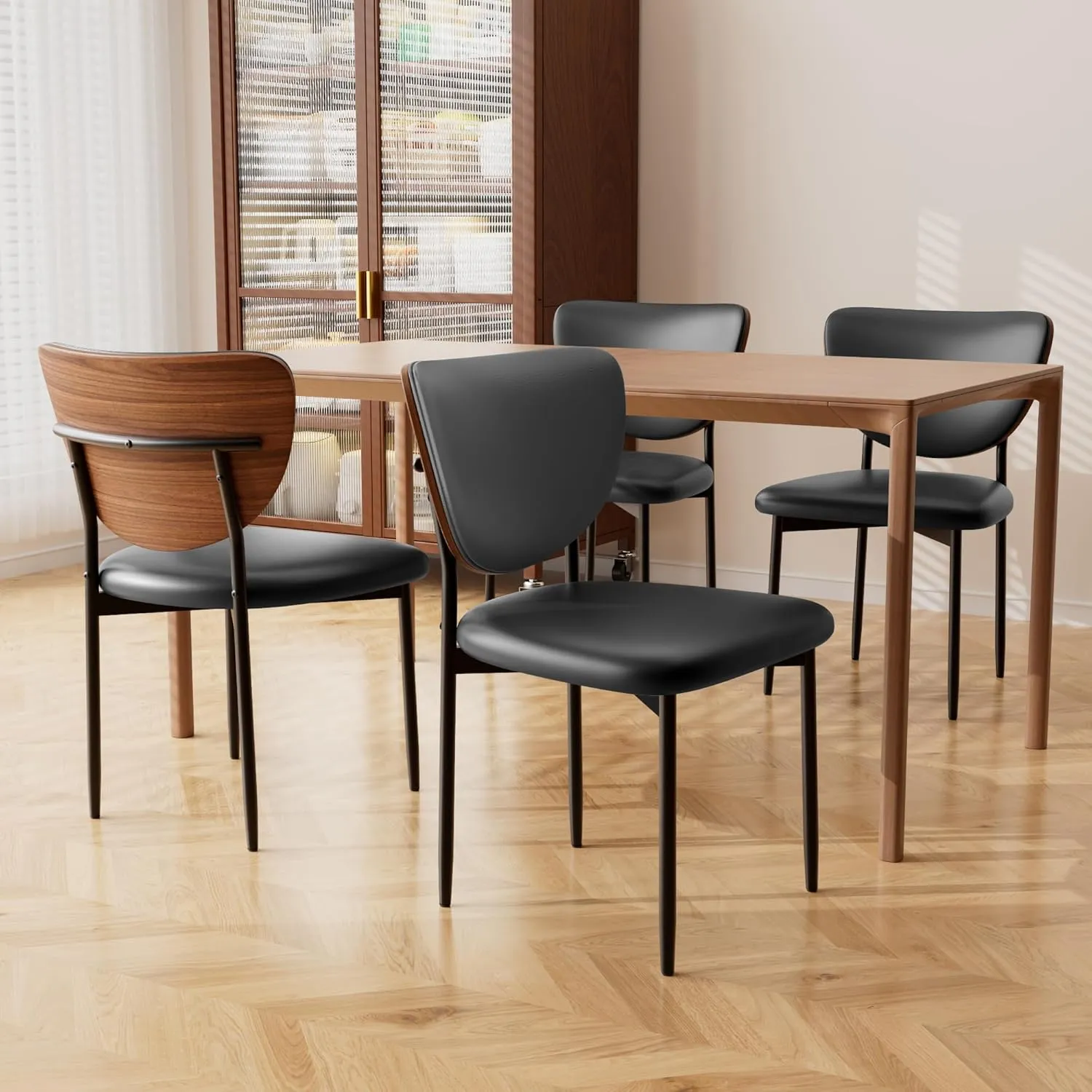 Dining Chairs Set of 2, Dining Room and Kitchen Chairs, Mid Century Modern Upholstered PU Leather Accent Chairs with Walnut Bentwood and Enlarged Cushion, Black