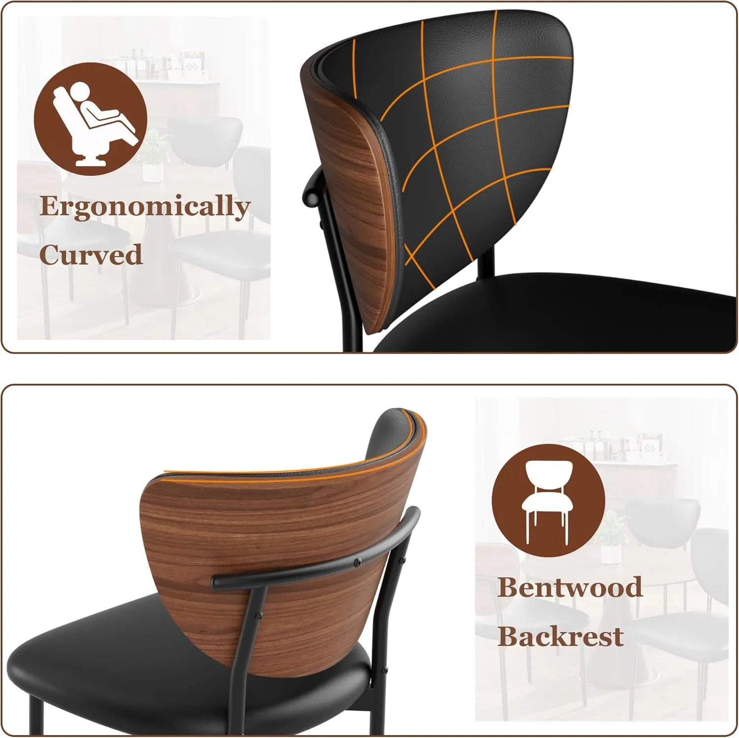 Dining Chairs Set of 2, Dining Room and Kitchen Chairs, Mid Century Modern Upholstered PU Leather Accent Chairs with Walnut Bentwood and Enlarged Cushion, Black