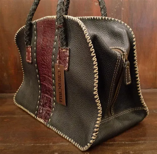 Divine Tribe Black Leather with Ostrich Inserts and Whipstitched Edges
