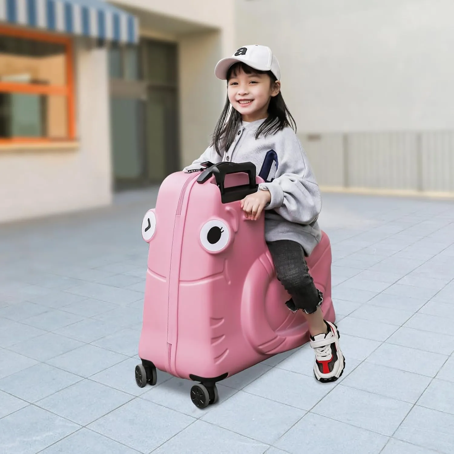 DNYSYSJ 20" Children's Ride On Luggage, Kid's Trolley Suitcase with Universal Wheels and Password Lock, Carry On Luggage Rolling Luggage, Aged 1-6 Years, ABS PC (Pink, Snail Pattern)