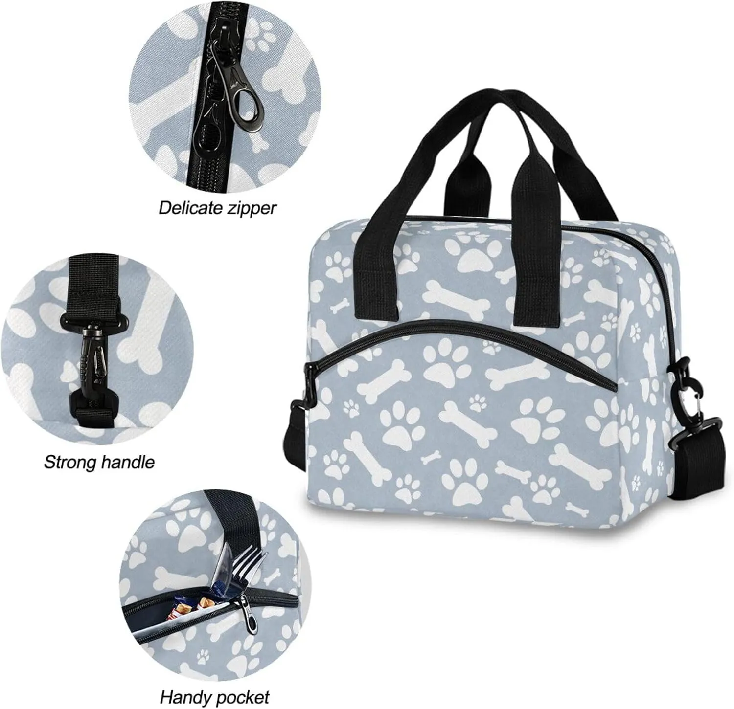 Dog Bone Paw Print Lunch Bag Lunch Box for Man and Women, Large Capacity Crossbody Insulated Lunch Bag Reusable Cooler Bag