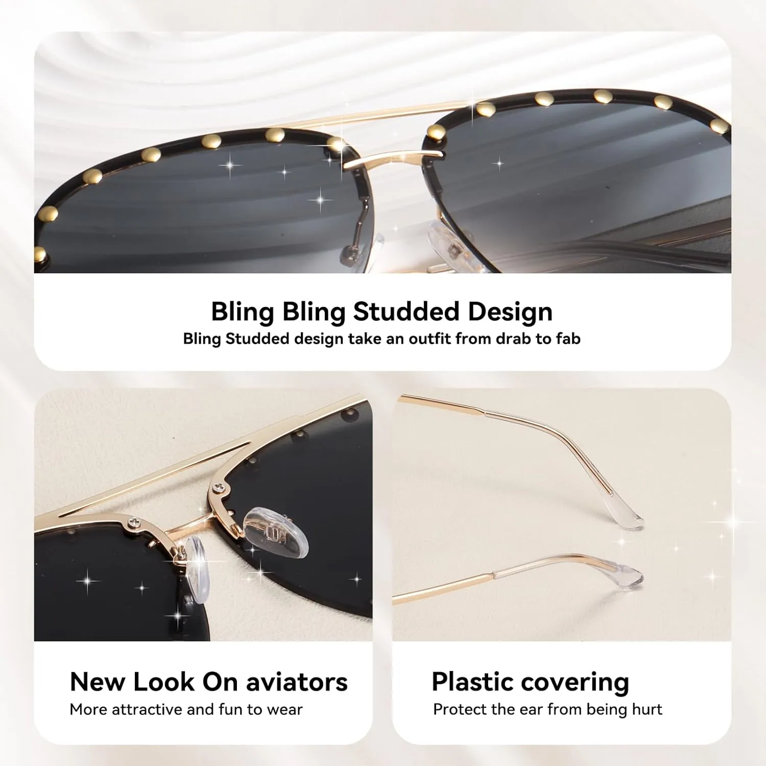 Dollger Studded Sunglasses for Women Fashion Studded Aviator Sunglasses Metal Frame UV 400