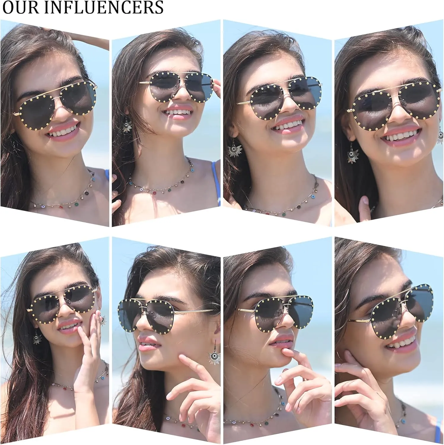 Dollger Studded Sunglasses for Women Fashion Studded Aviator Sunglasses Metal Frame UV 400
