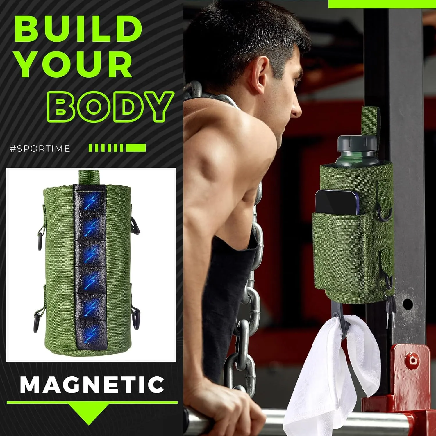 Domensi Magnetic Water Bottle Holder Gym Water Bottle Carrier Bag Pouch Sleeve with Phone Pocket Silicone Towel Buckle and Sling for Men Women Gym Accessories Organizer