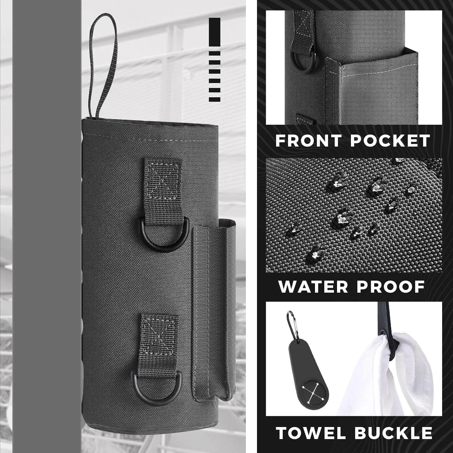 Domensi Magnetic Water Bottle Holder Gym Water Bottle Carrier Bag Pouch Sleeve with Phone Pocket Silicone Towel Buckle and Sling for Men Women Gym Accessories Organizer