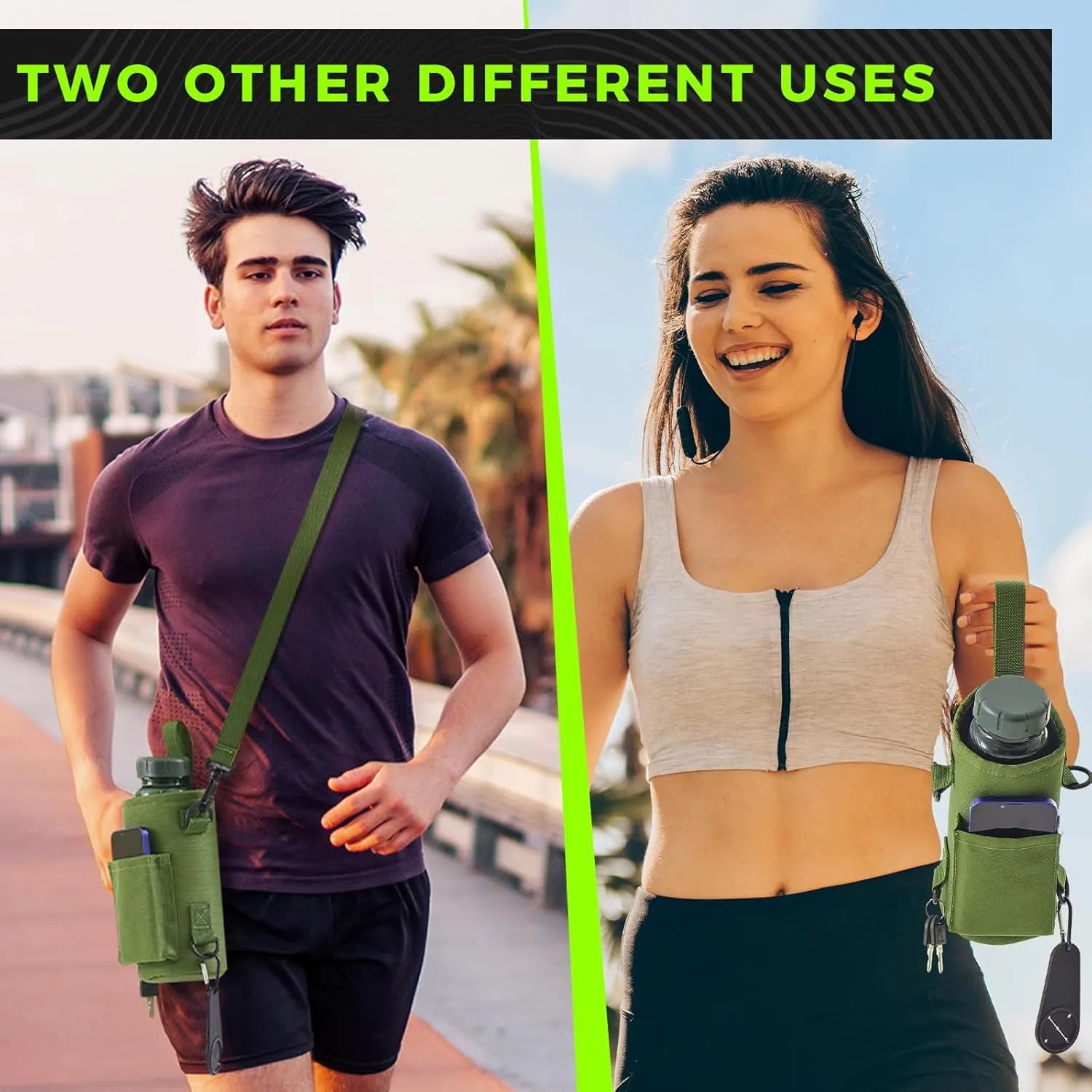 Domensi Magnetic Water Bottle Holder Gym Water Bottle Carrier Bag Pouch Sleeve with Phone Pocket Silicone Towel Buckle and Sling for Men Women Gym Accessories Organizer
