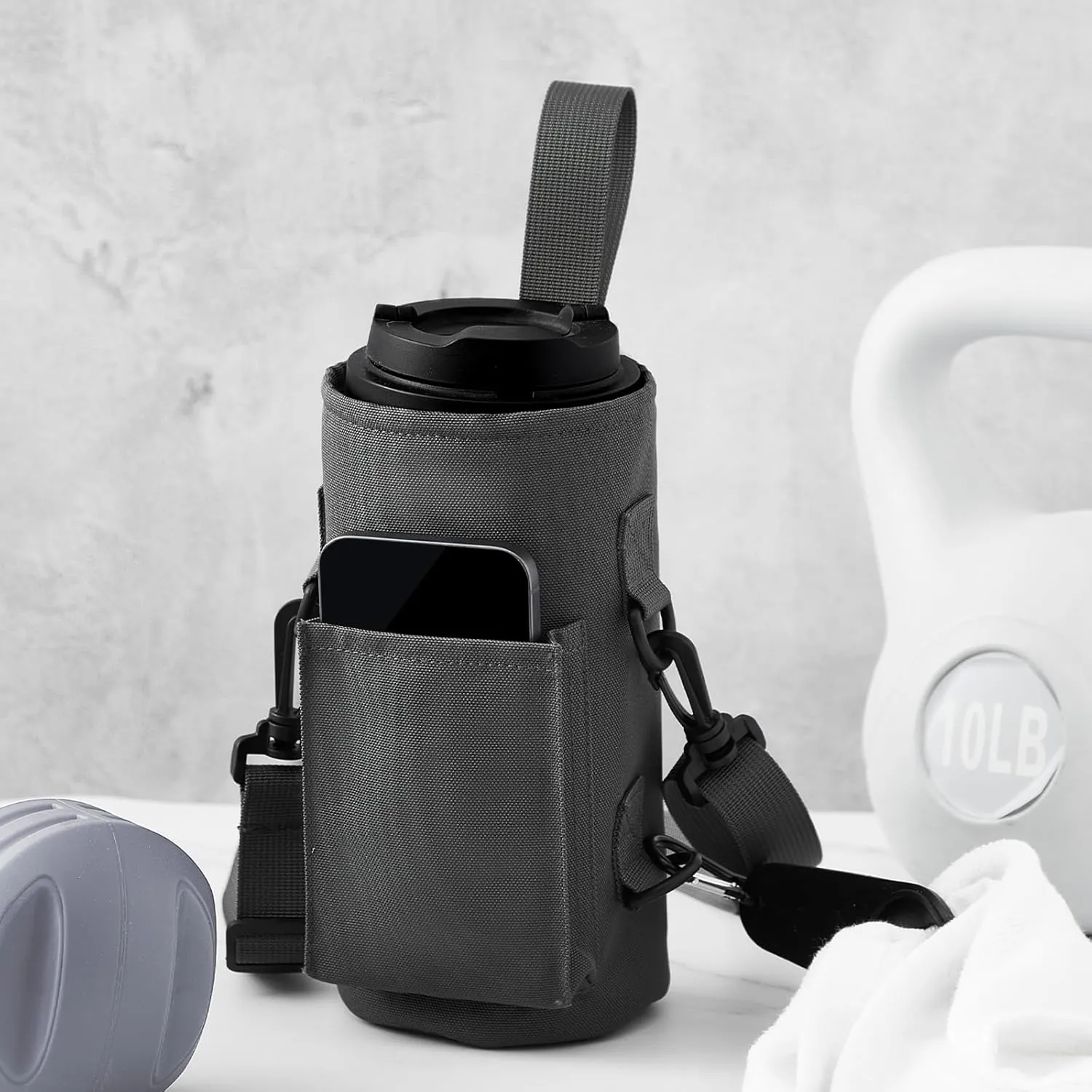 Domensi Magnetic Water Bottle Holder Gym Water Bottle Carrier Bag Pouch Sleeve with Phone Pocket Silicone Towel Buckle and Sling for Men Women Gym Accessories Organizer