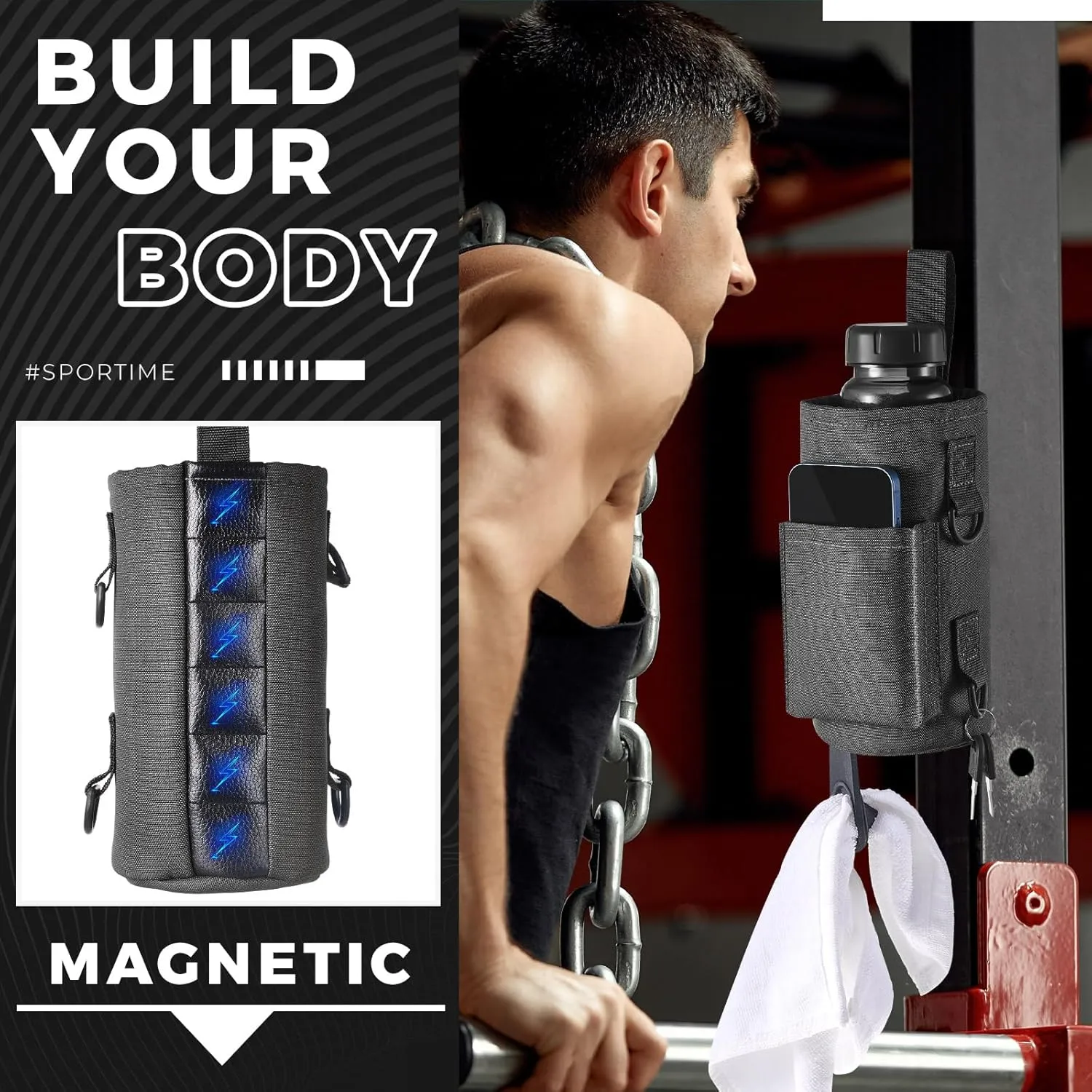 Domensi Magnetic Water Bottle Holder Gym Water Bottle Carrier Bag Pouch Sleeve with Phone Pocket Silicone Towel Buckle and Sling for Men Women Gym Accessories Organizer