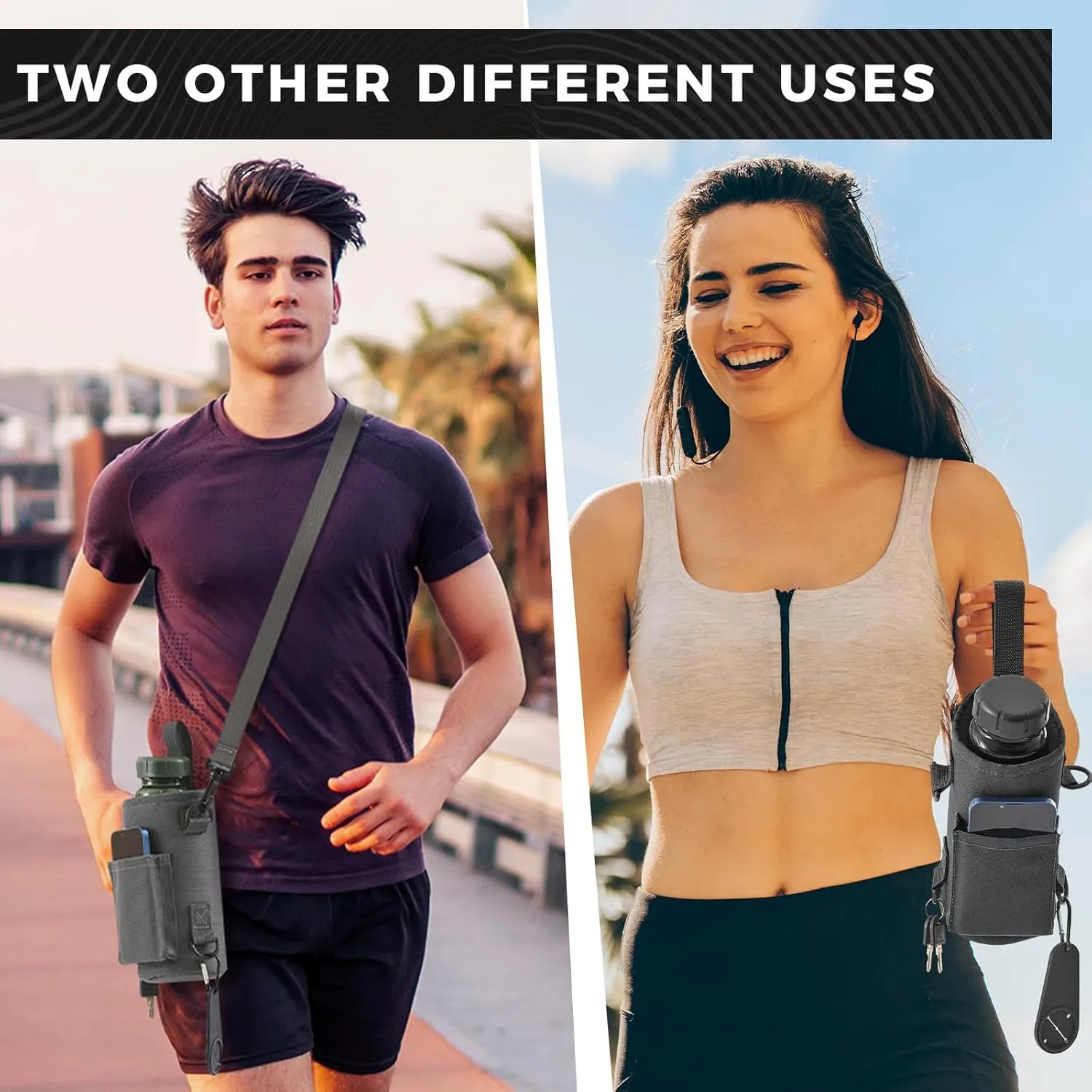 Domensi Magnetic Water Bottle Holder Gym Water Bottle Carrier Bag Pouch Sleeve with Phone Pocket Silicone Towel Buckle and Sling for Men Women Gym Accessories Organizer