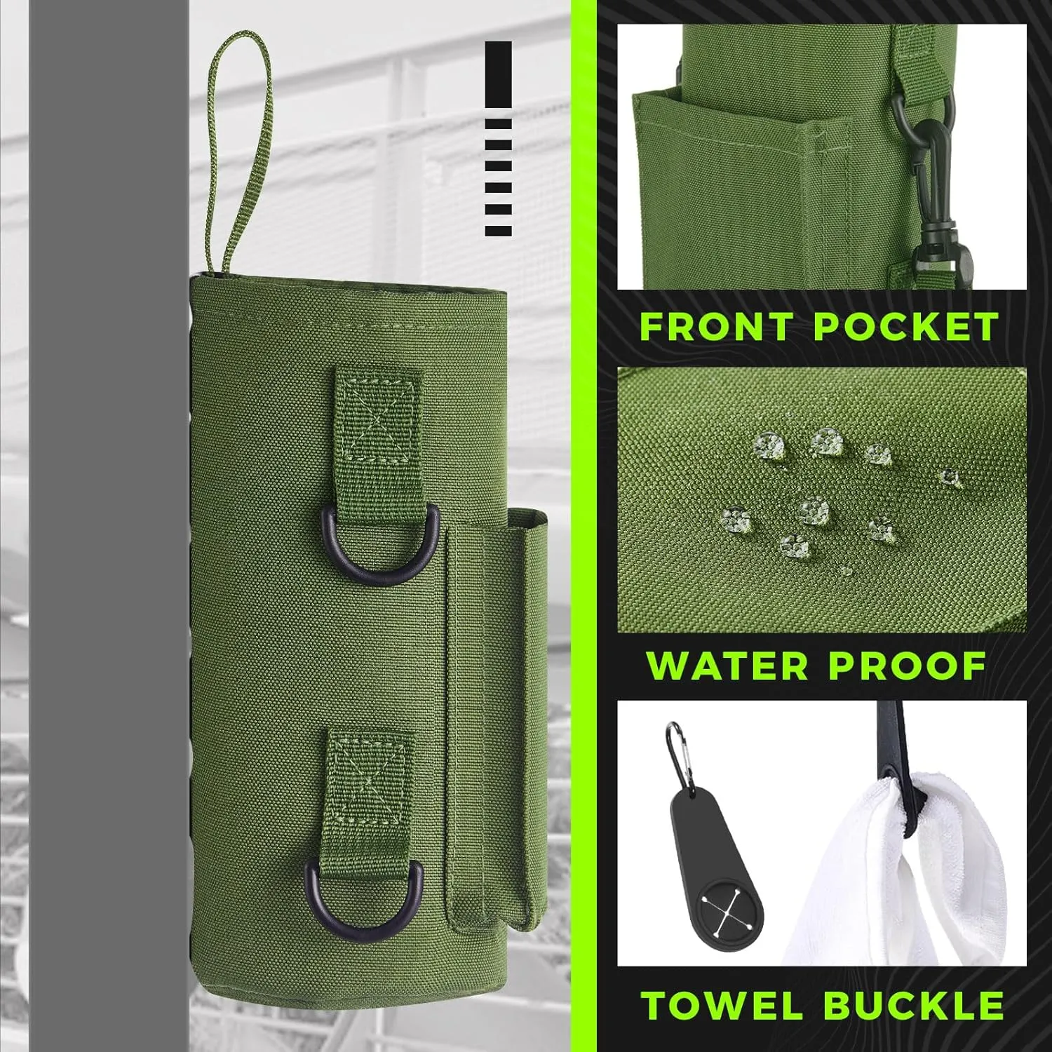 Domensi Magnetic Water Bottle Holder Gym Water Bottle Carrier Bag Pouch Sleeve with Phone Pocket Silicone Towel Buckle and Sling for Men Women Gym Accessories Organizer