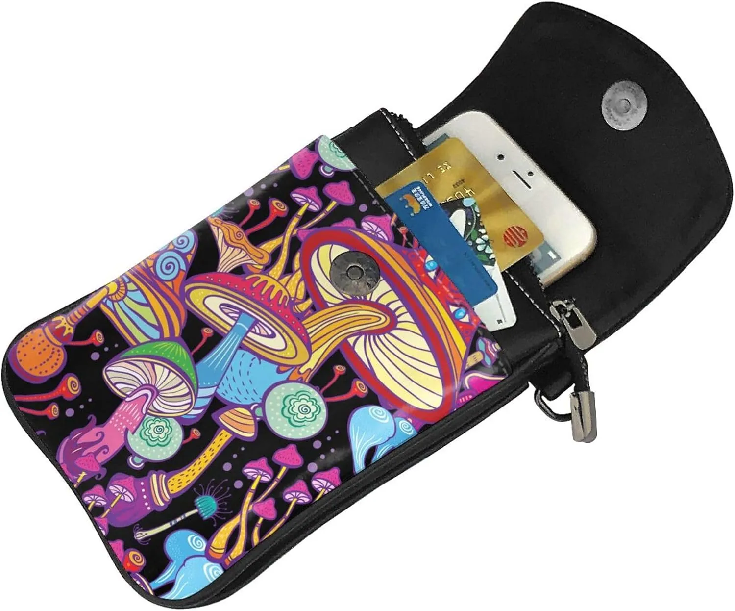 Doodle Mushrooms Leather Small Crossbody Bags for Women Cell Phone Purse Wallet Adjustable Strap